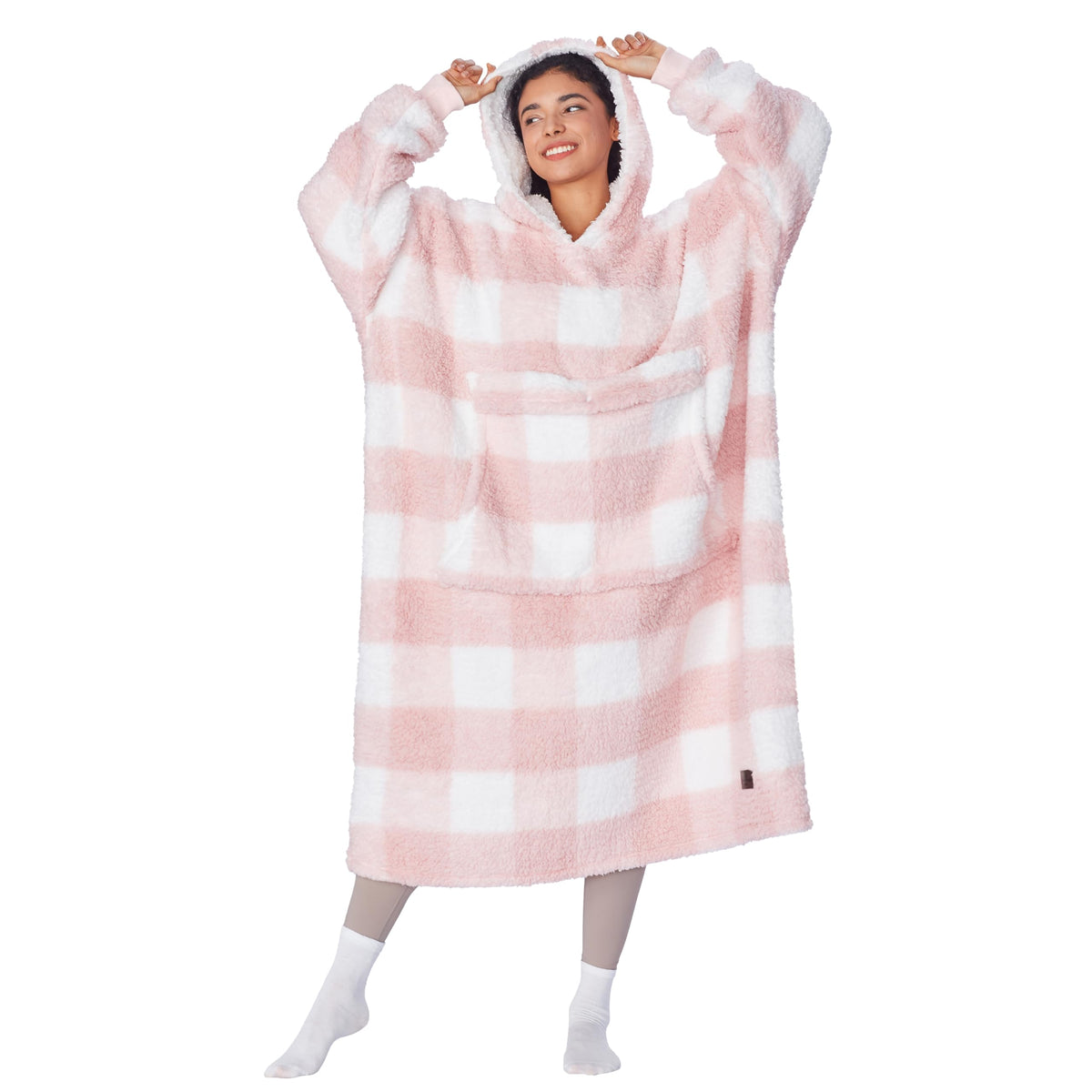 Catalonia Buffalo Plaid Pink Oversized Blanket Hoodie Sweatshirt, Full Body Comfortable Sherpa Lounging Pullover For Adults, Gif