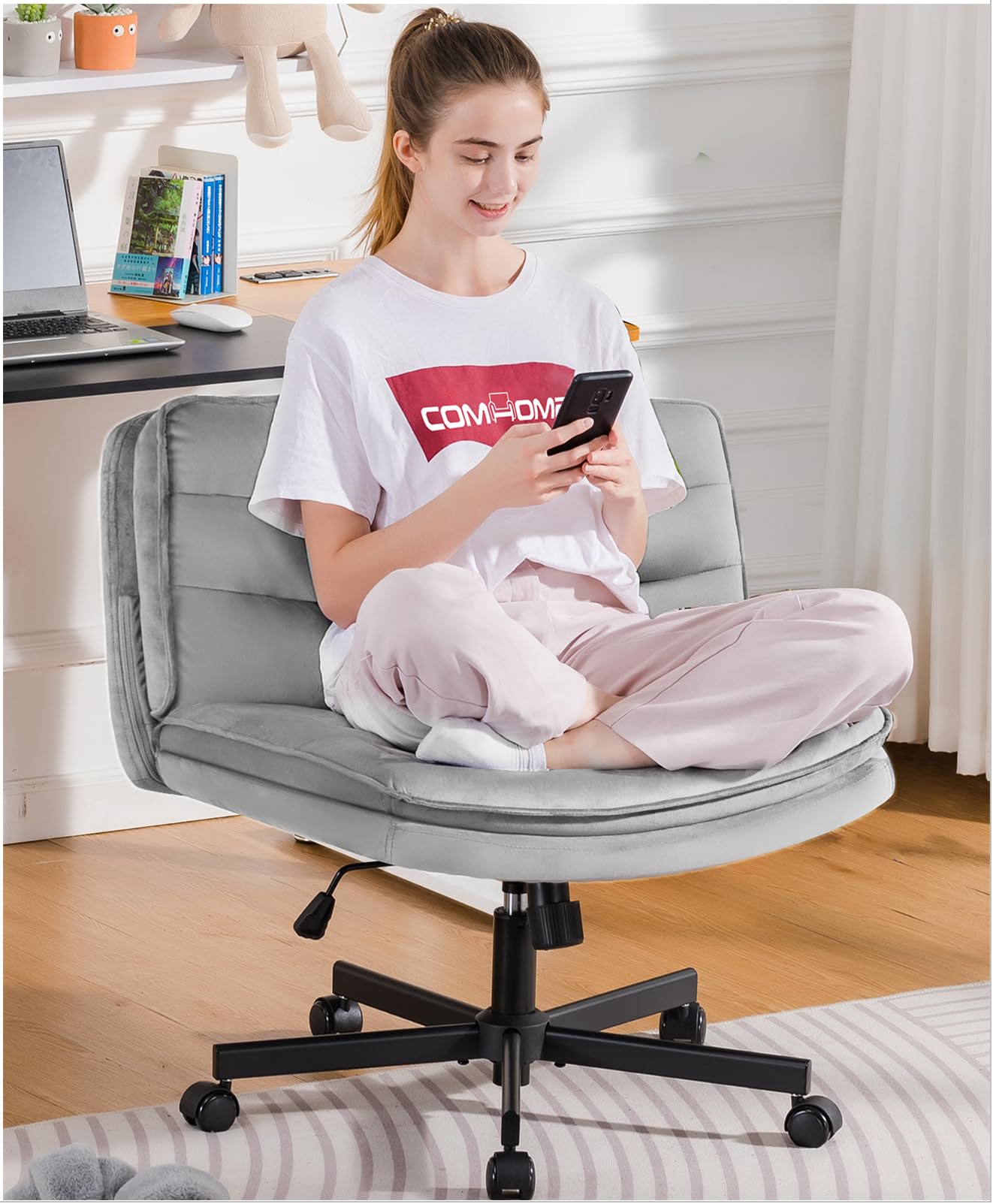 Comhoma Criss Cross Chair With Wheels, Armless Wide Cross Legged Office Chair Mid Back, Modern Home Office Desk Chair Swivel Adjustable Vanity Computer Chair, Light Gray Velvet