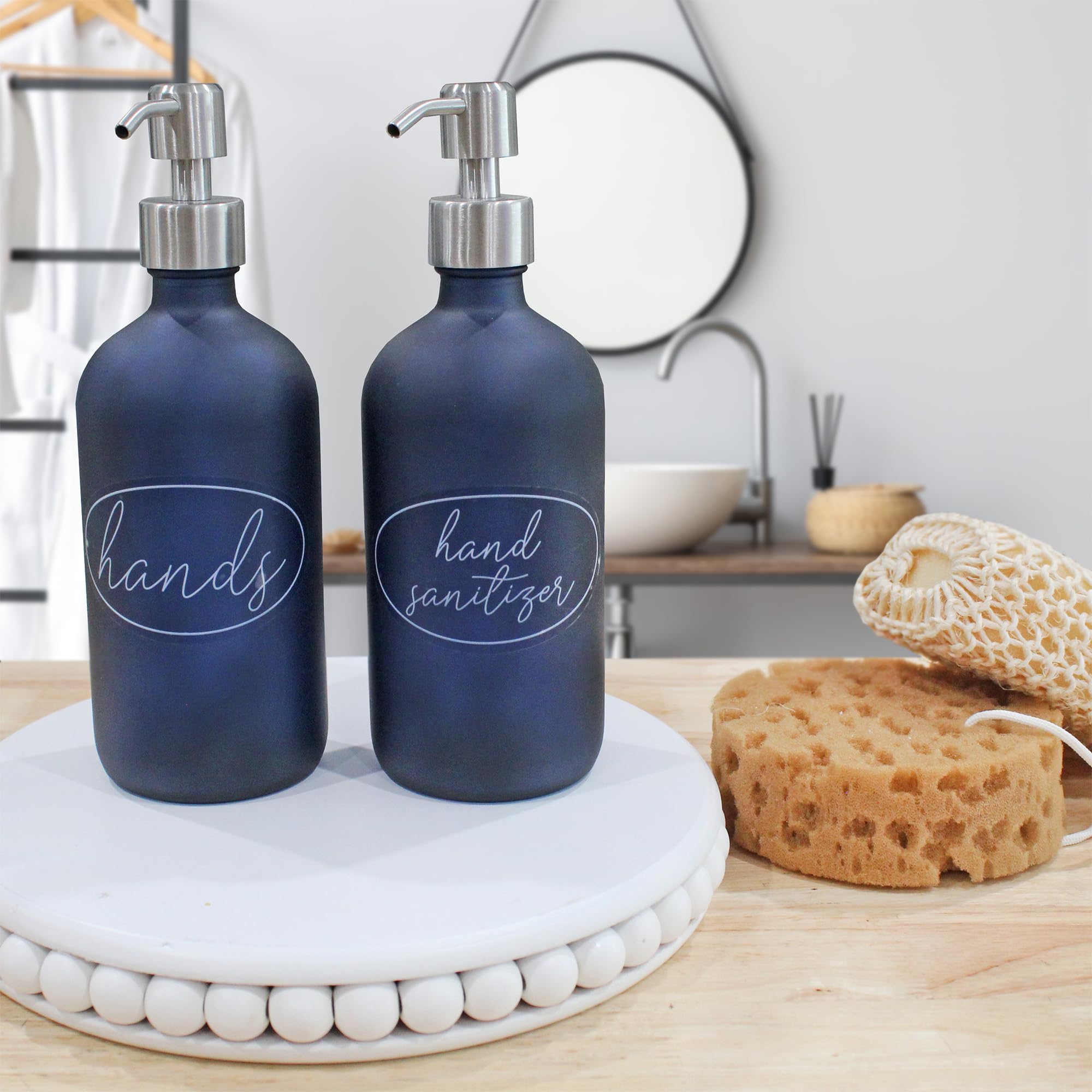 Cornucopia 16Oz Glass Pump Bottles (Set Of 2, Blue W/Silver; Soap Dispenser Pump Bottles With Brushed Metal Pump Tops