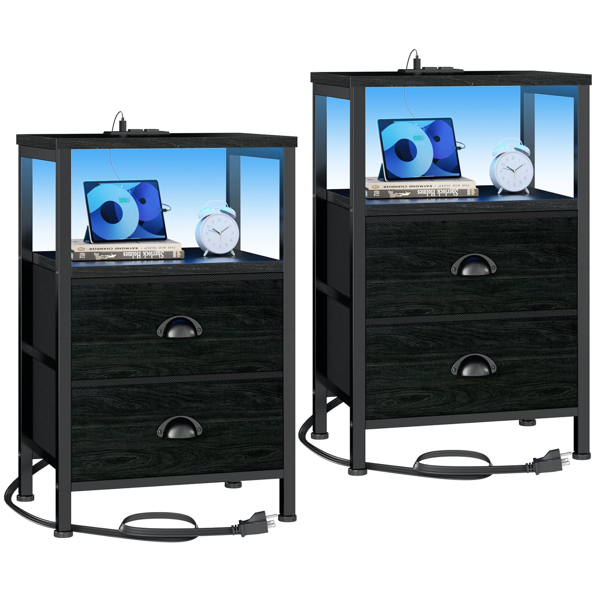 Furologee Nightstands Set of 2, End Tables with Charging Station and LED Lights, Black Night Stands with 2 Fabric Drawers, Bedsi
