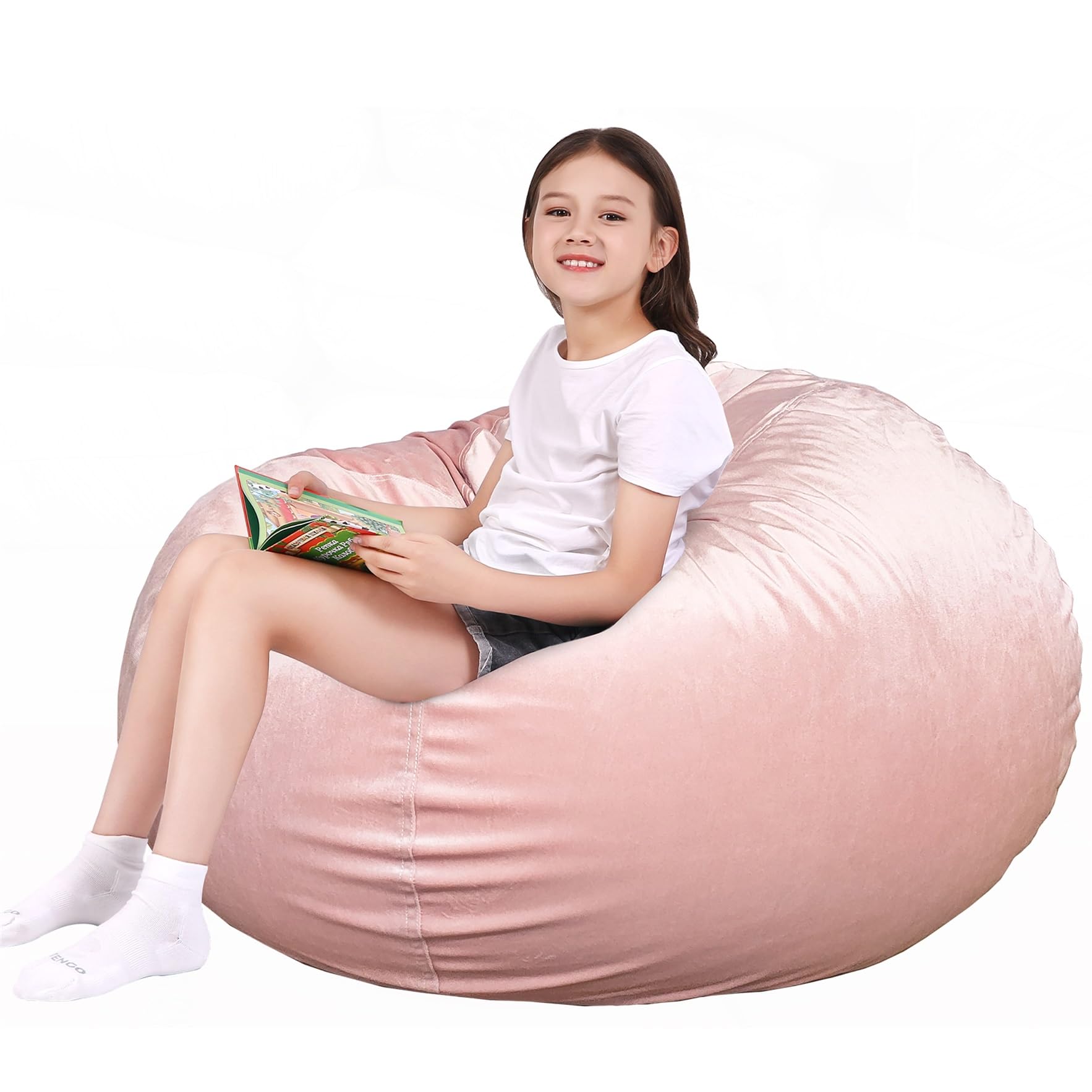 Lukeight Stuffed Animal Storage Bean Bag Chair Cover For Kids, Zipper Beanbag Chair Cover For Organizing Toddler & Kids' Rooms Plush Toys (Pink Velvet, Large)
