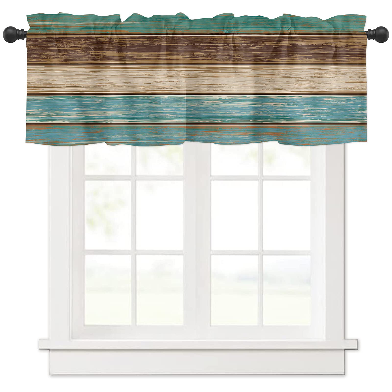 Rustic Farmhouse Valances Curtains for Kitchen Windows, Retro Wood Rod Pocket Curtain Toppers Teal Green Brown Country Short Cur