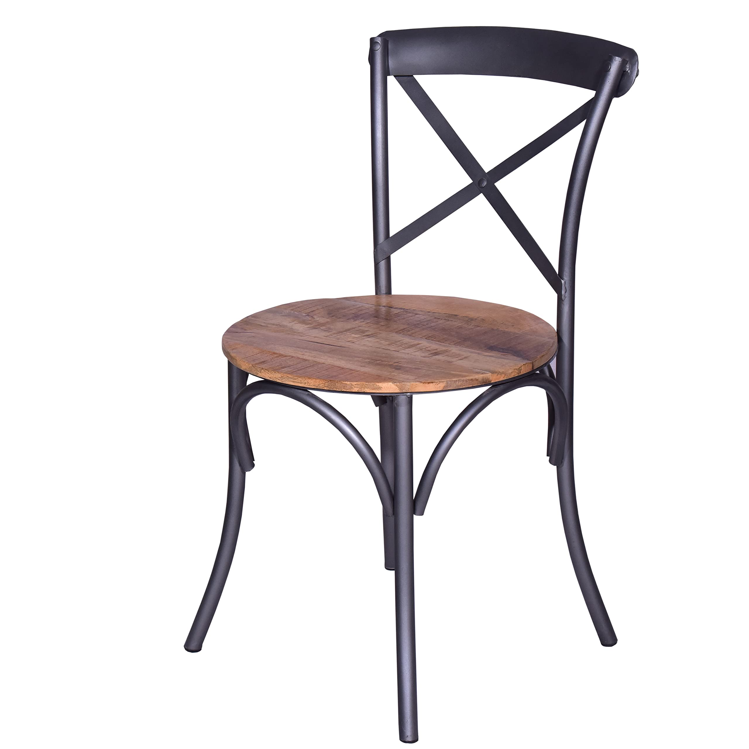 The Urban Port 19-Inch Industrial Dining Accent Chair with Mango Wood Seat, Open X Iron Backrest, Metallic Gray and Brown