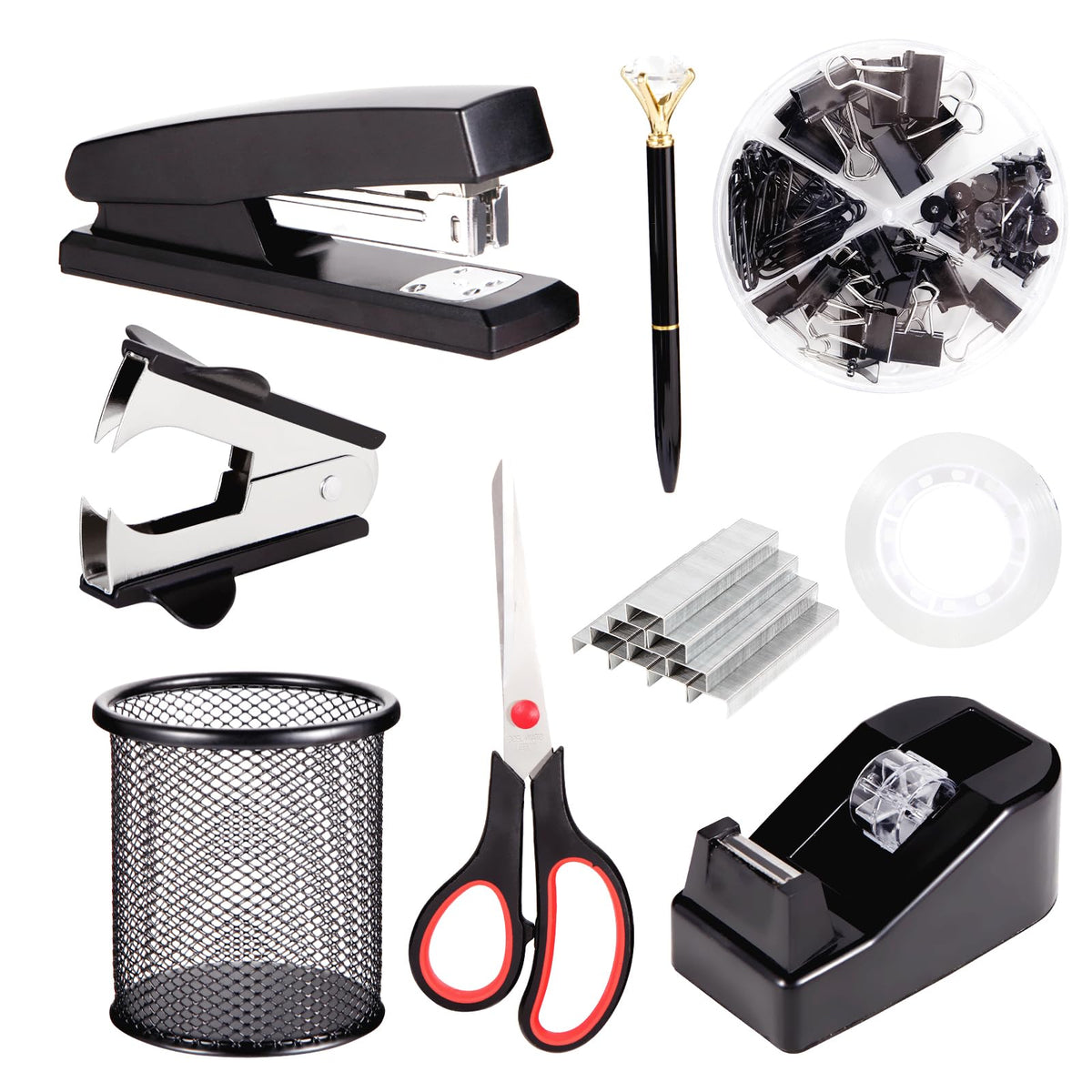 Black Desk Accessories, Office Supplies Set With Stapler, Tape Dispenser, Staple Remover, Pen Holder, Scissor, Binder/Paper Clip