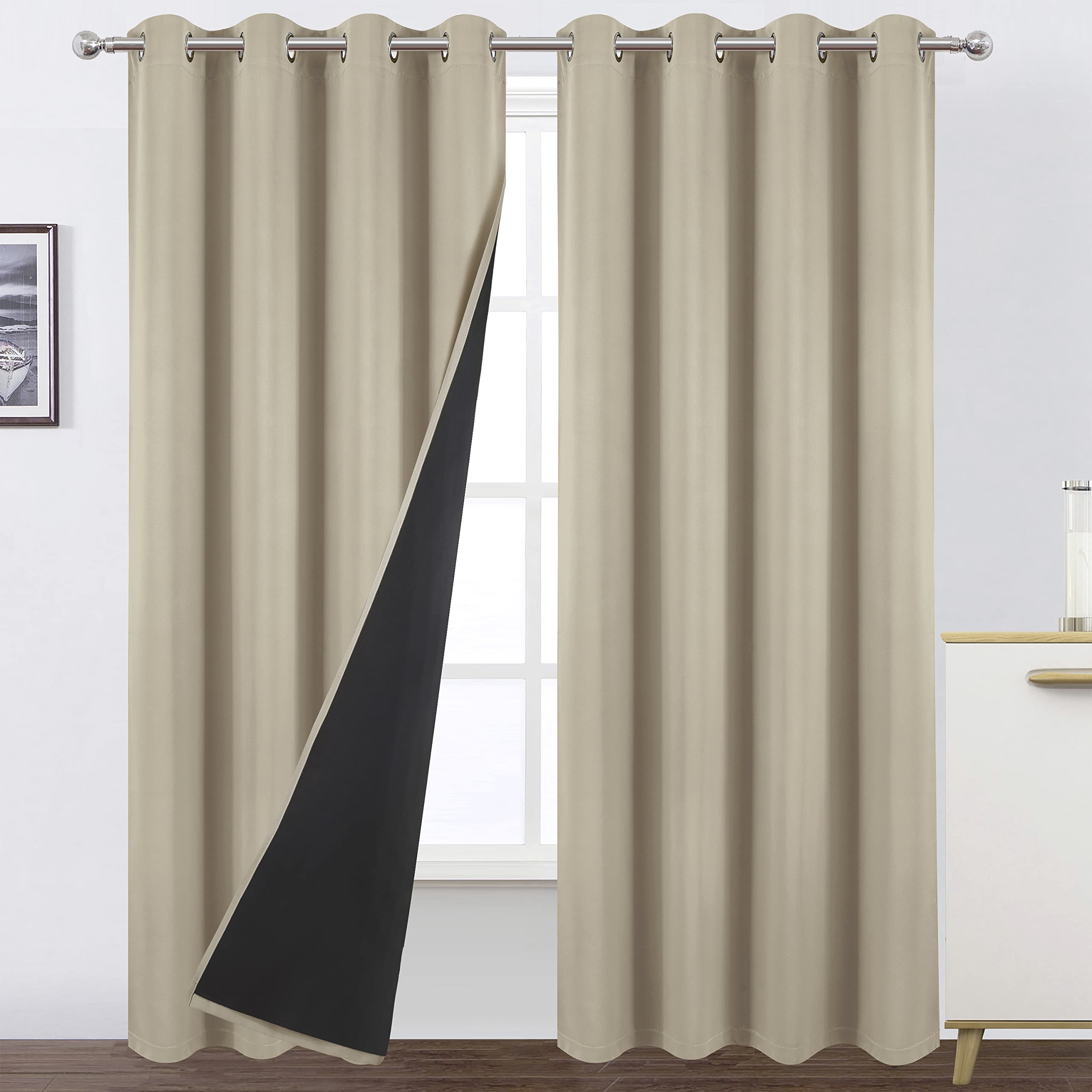 Lemomo 100% Blackout Curtains 52 X 84 Inch/Beige Curtains 2 Panels With Black Lining Room Darkening Thermal Insulated Bedroom Cu