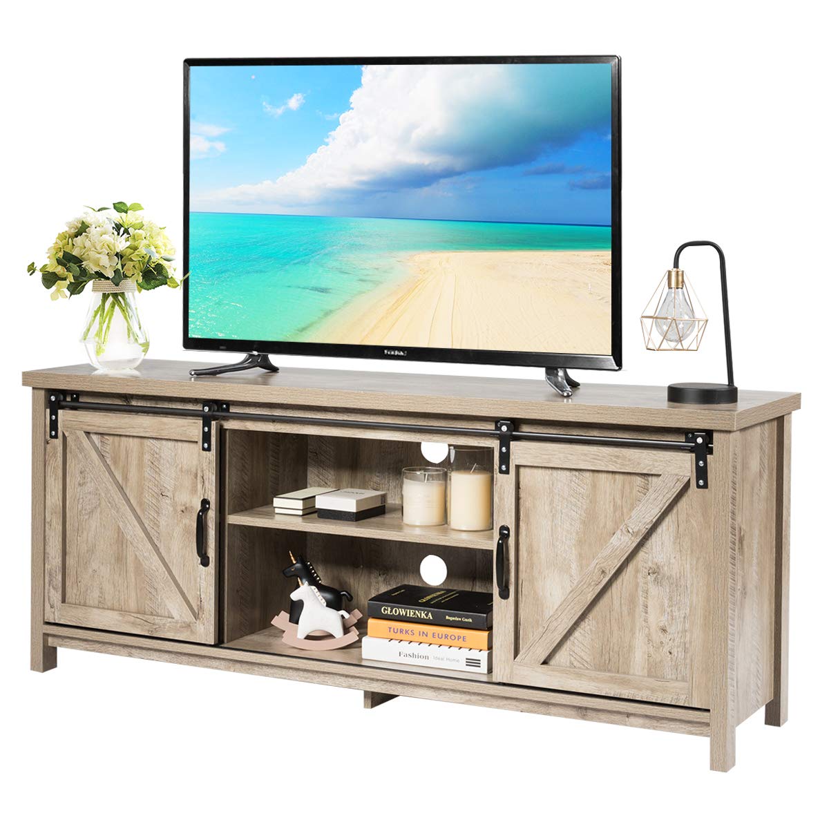 Casart Wooden Tv Cabinet, 3 Tier Tv Console Table With Sliding Barn Doors And Shelves, Rustic Media Entertainment Center For Living Room Bedroom Office (Grey Wash), 147 X 40 X 60Cm, Cahw61826