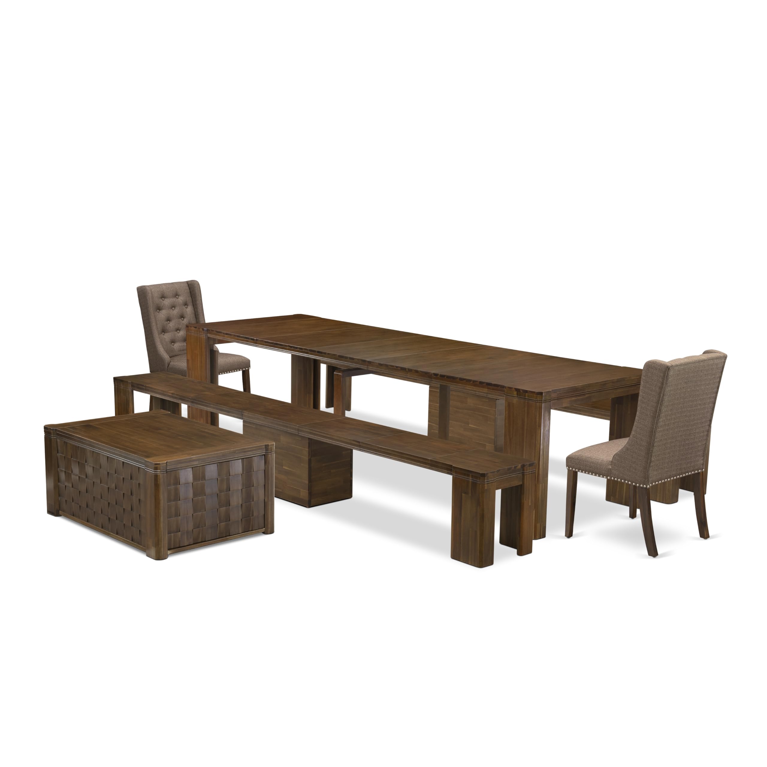 Luxe by East West Furniture - X02FO-2C8-18 - 6 Pieces Dining Table Set includes an Extendable Rectangle Kitchen Table, 1 Coffee Table, 2 Dining Chairs and 2 Benches, 39x120 Inch, Antique Walnut