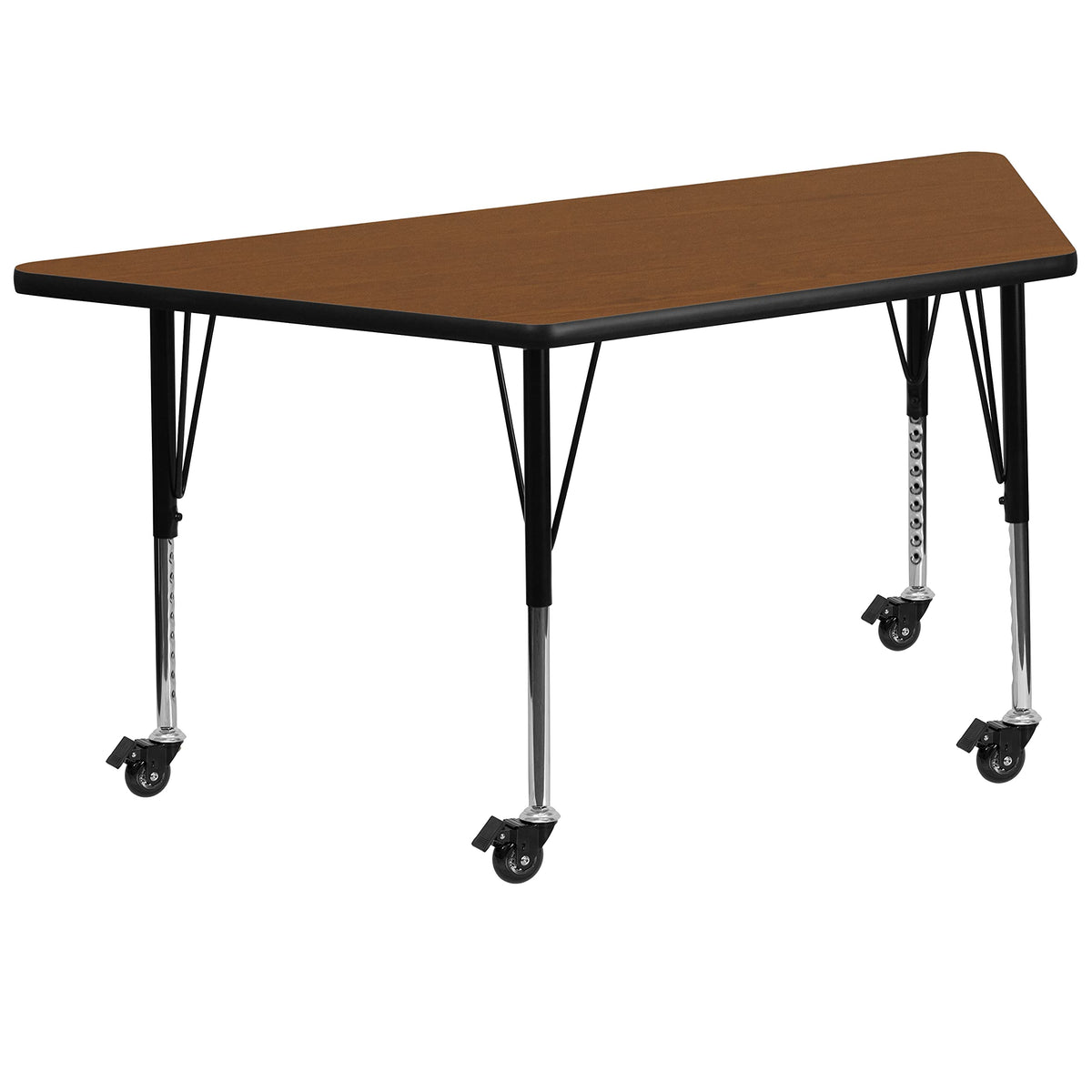 Flash Furniture Wren Mobile 29''W x 57''L Trapezoid Oak HP Laminate Activity Table - Height Adjustable Short Legs