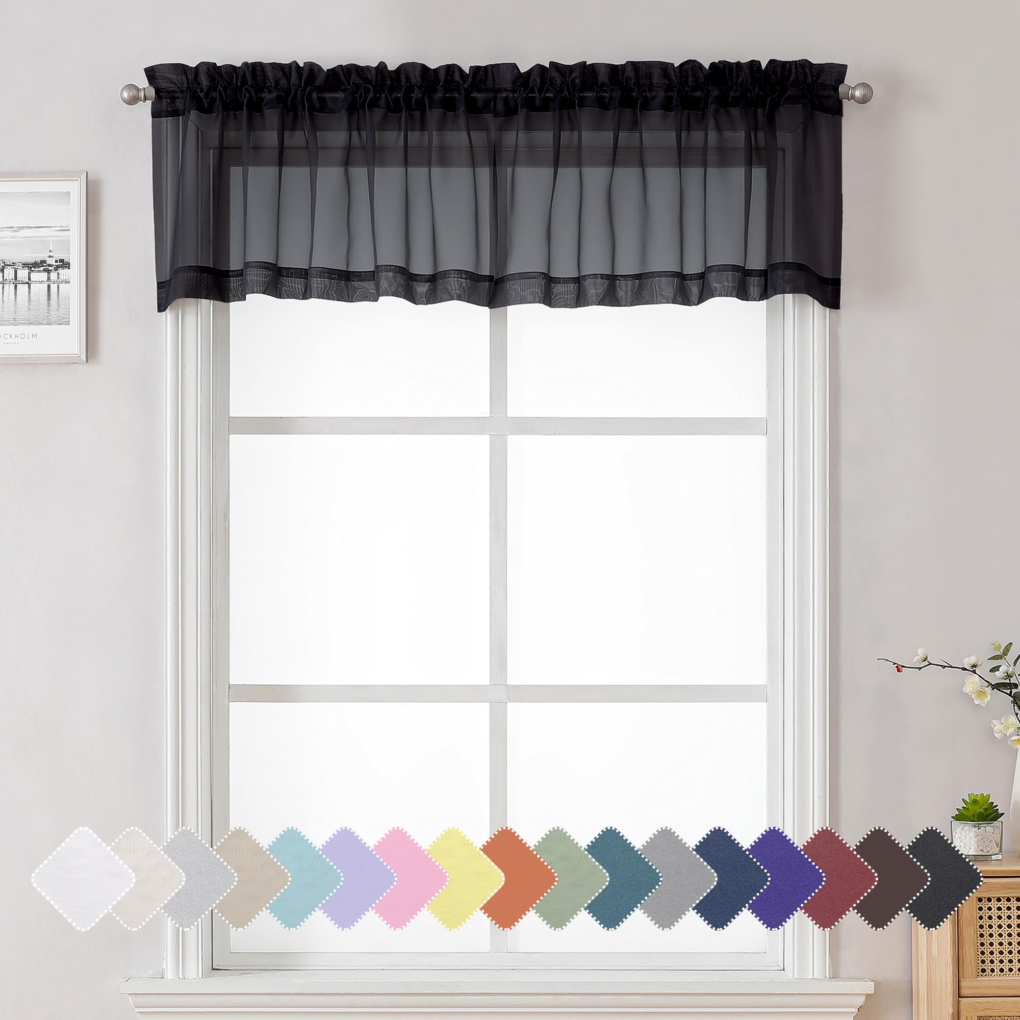 Lecloud Sheer Curtains Black Window Valance 14 Inch Length 2 Pieces, Light Reducing Short Voile Black Curtain For Living Room, D