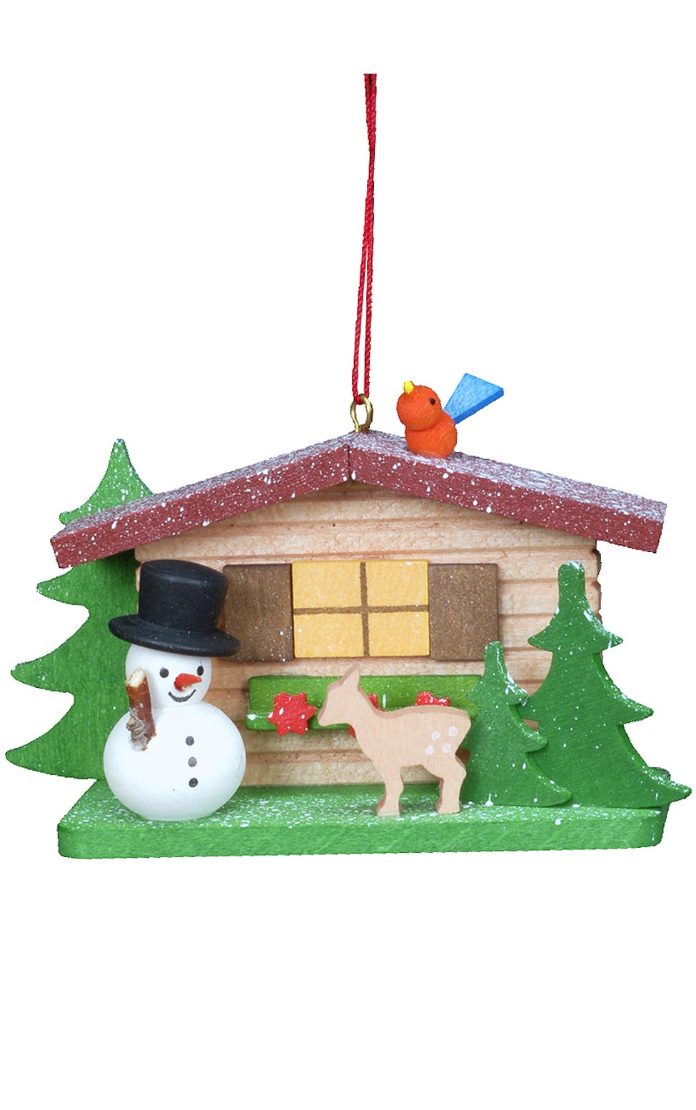 Christian Ulbricht 10-0832 Ornament-Cottage with Snowman-2'' H x 3.25'' W x 1'' D, Green