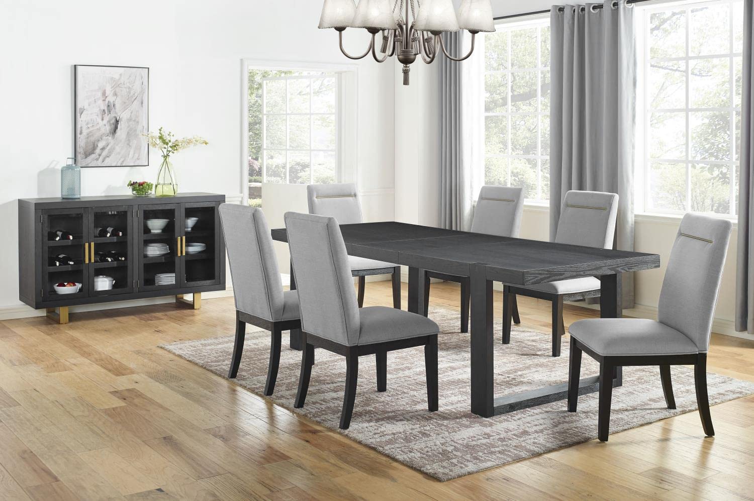 Steve Silver Yves Rubbed Charcoal 8-Piece Dining Set with Gray Side Chairs