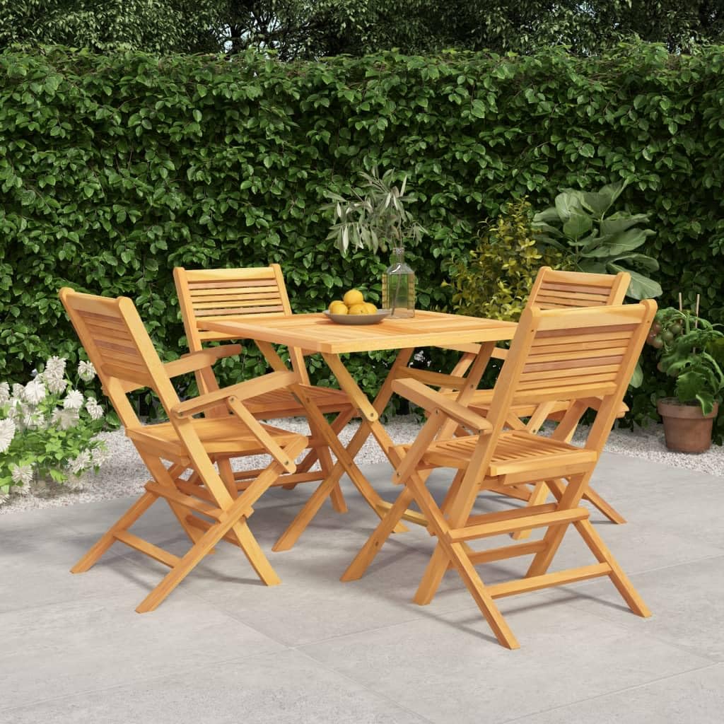 vidaXL 5-Piece Outdoor Patio Dining Set in Scandinavian Style - Solid Teak Wood Construction - Foldable and Space-Saving Design - Water-Resistant Finish