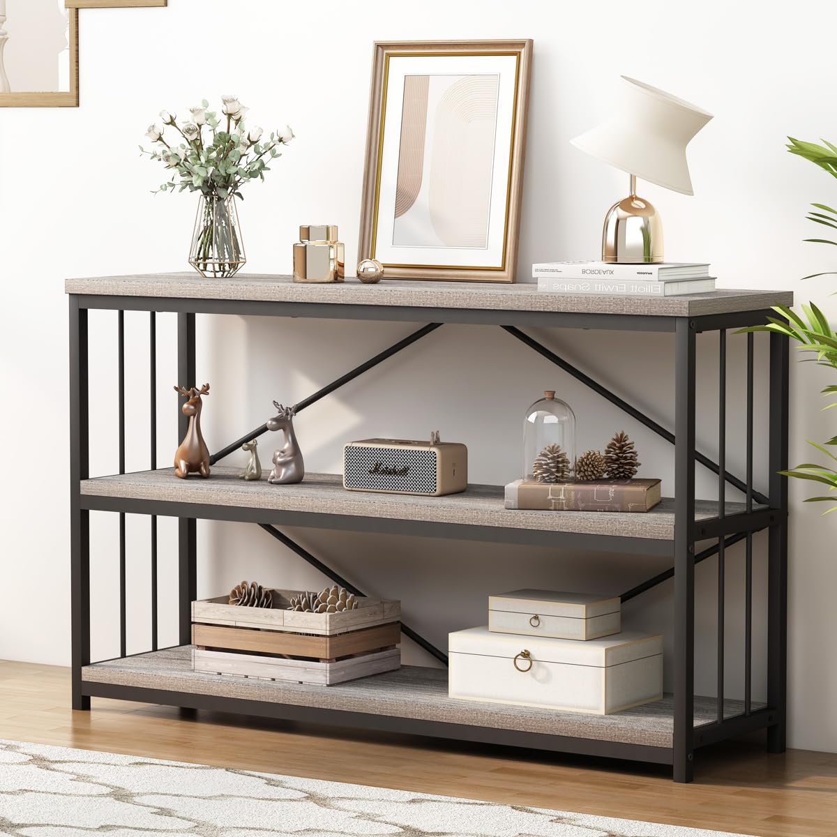 Lvb Farmhouse Entryway Table, Metal Wood Console Table For Hallway, Industrial Rustic Sofa Table With 3-Tier Storage Shelf, Modern Entry Table For Foyer Front Home Living Room, Light Grey Oak, 47 Inch