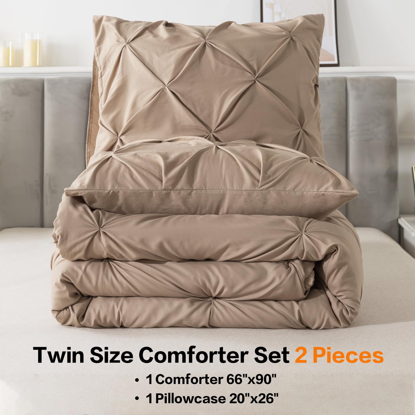 Andency Taupe Comforter Twin(66X90Inch), 2 Pieces(1 Pintuck Comforter, 1 Pillowcase) Microfiber Pinch Pleat Comforter Set Twin Size, Lightweight And Soft Bedding Comforter Set