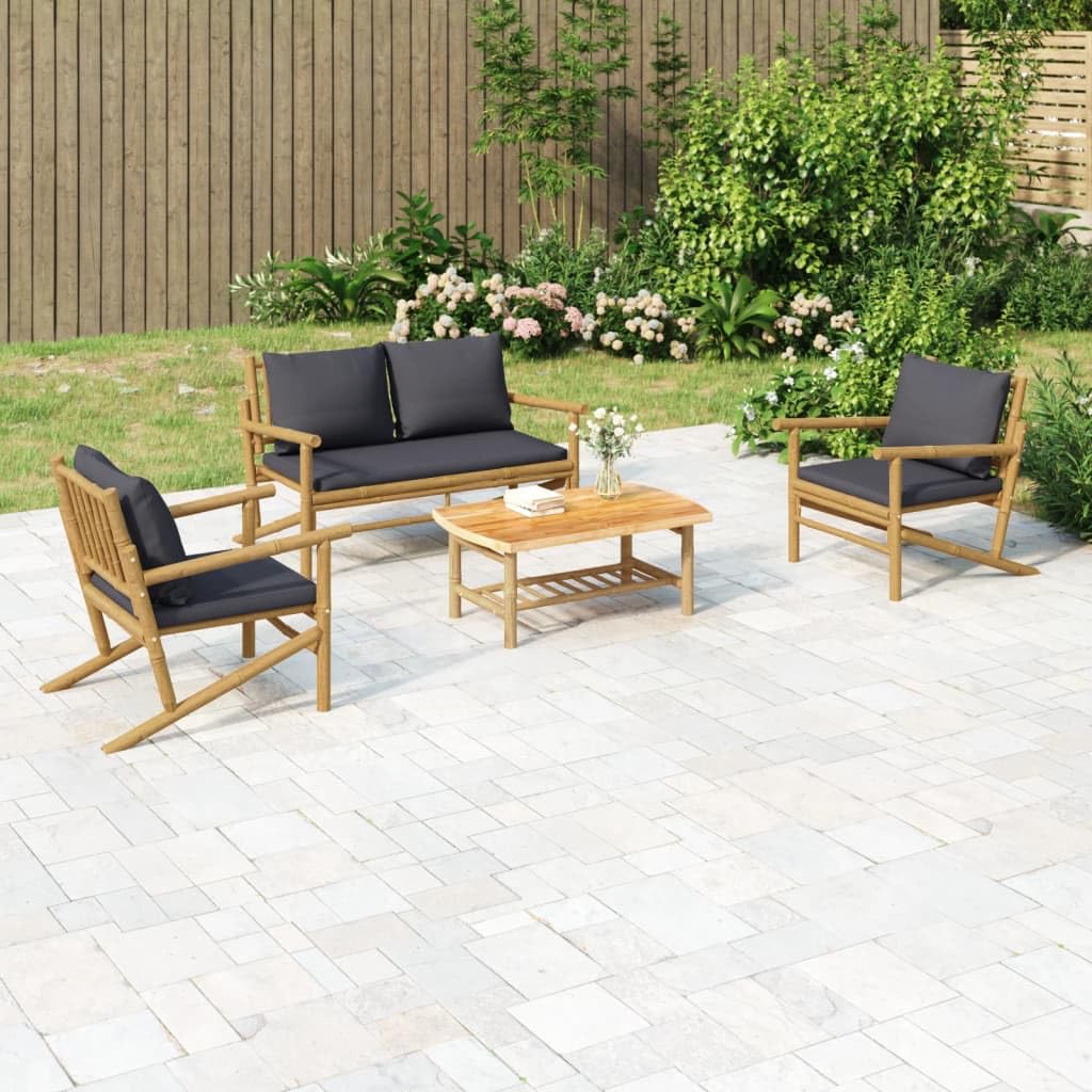vidaXL Bamboo 4-Piece Patio Lounge Set with Cushions - Rustic Outdoor Furniture Set - Includes Coffee Table, Bench, Garden Chairs - Flexibility and Strength