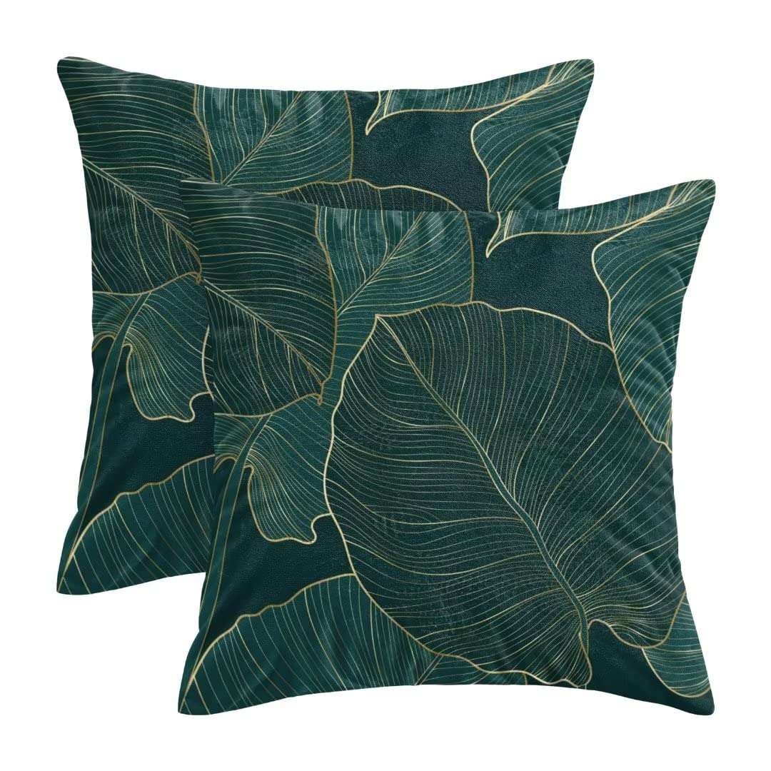 Aeioae Tropical Leaves Pillow Covers 16 X 16 Inch Set Of 2, Emerald Green Minimalist Geometric Palm Leaf Throw Pillow Covers Pla
