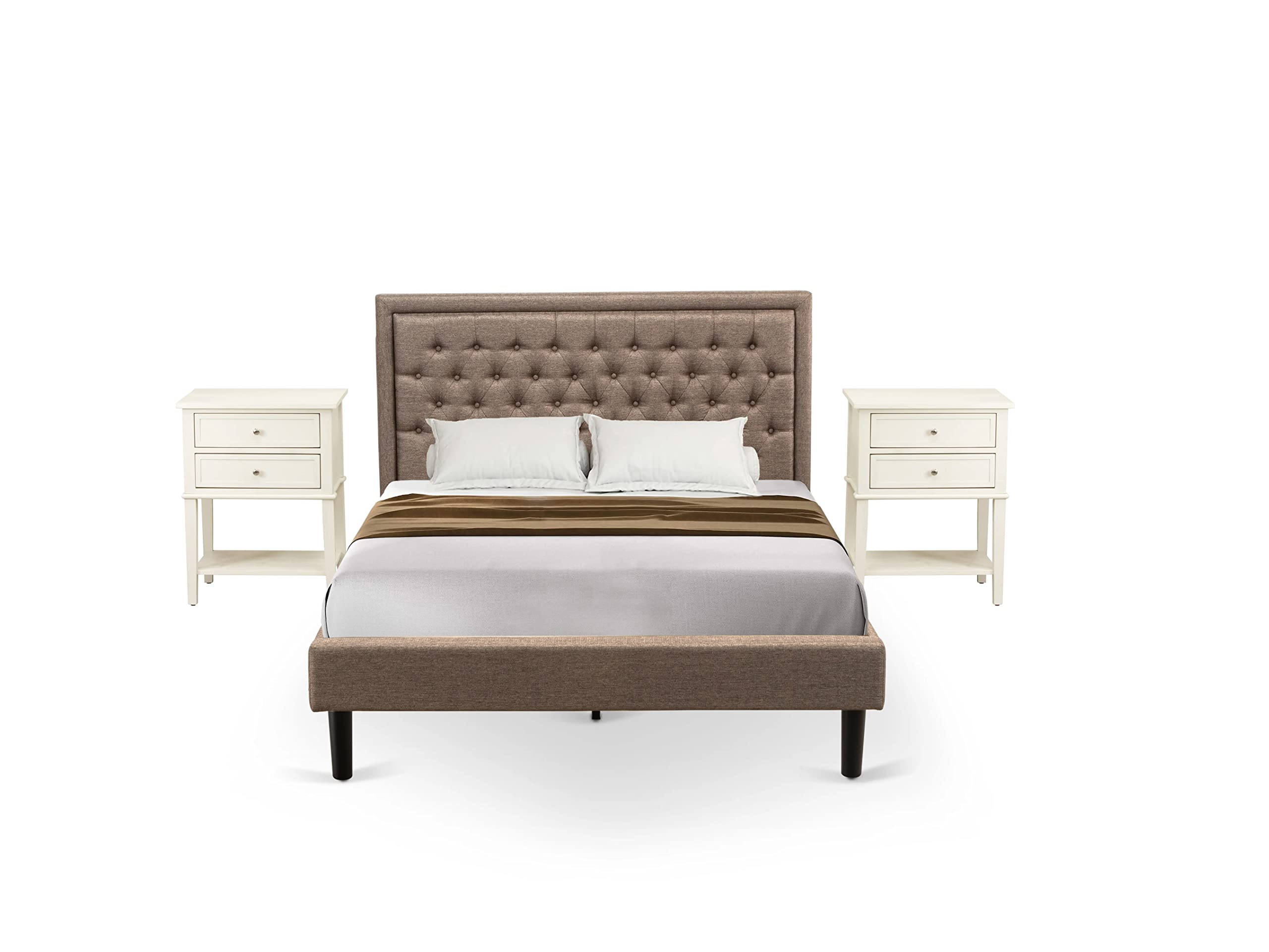 East West Furniture KD16Q-2VL0C 3 Piece Queen Size Bed Set - 1 Queen Bed Dark Khaki Linen Fabric Padded and Button Tufted Headboard with 2 Nightstand - Wire Brushed Butter Cream Finish Nightstand