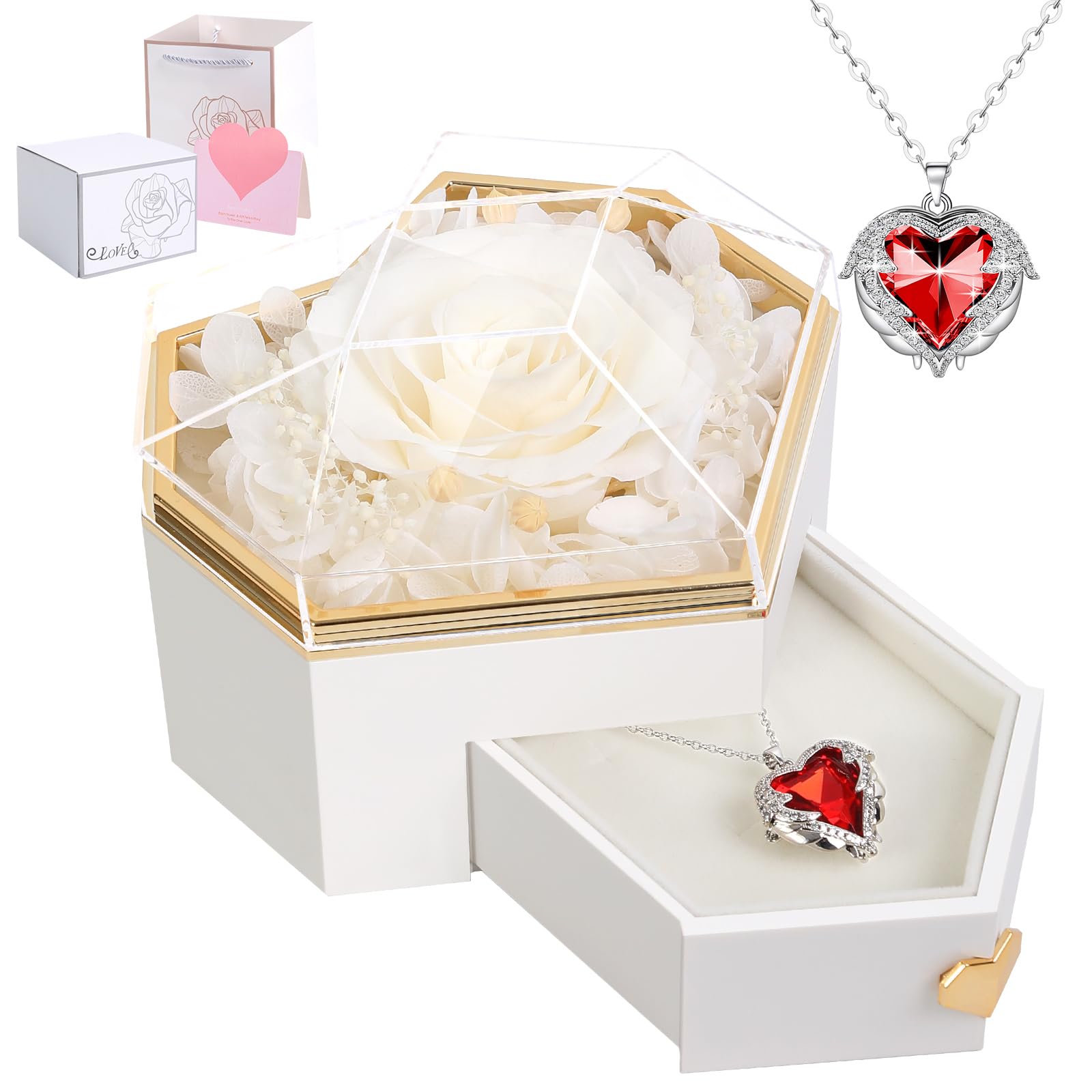 Preserved White Real Rose With Necklace Forever Flowers Diamond Shaped Box For Mom Wife Girlfriend Grandma On Mothers Day Birthd