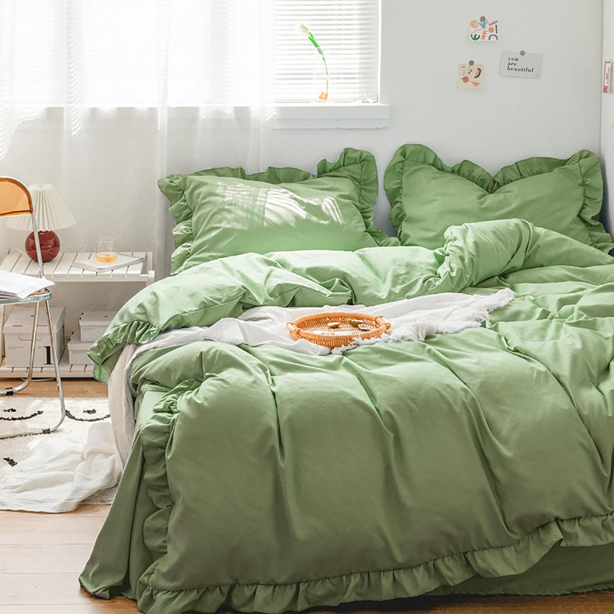 Luxlovery Sage Green Ruffle Comforter Set Twin Light Green Farmhouse Bedding Comforter Set Shabby Chic Solid Dusty Green Cotton