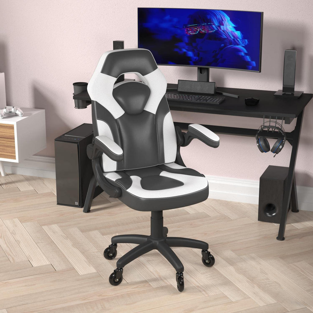 Flash Furniture X10 Gaming Chair Racing Office Computer Pc Adjustable Chair With Flip-Up Arms And Transparent Roller Wheels, White/Black Leathersoft