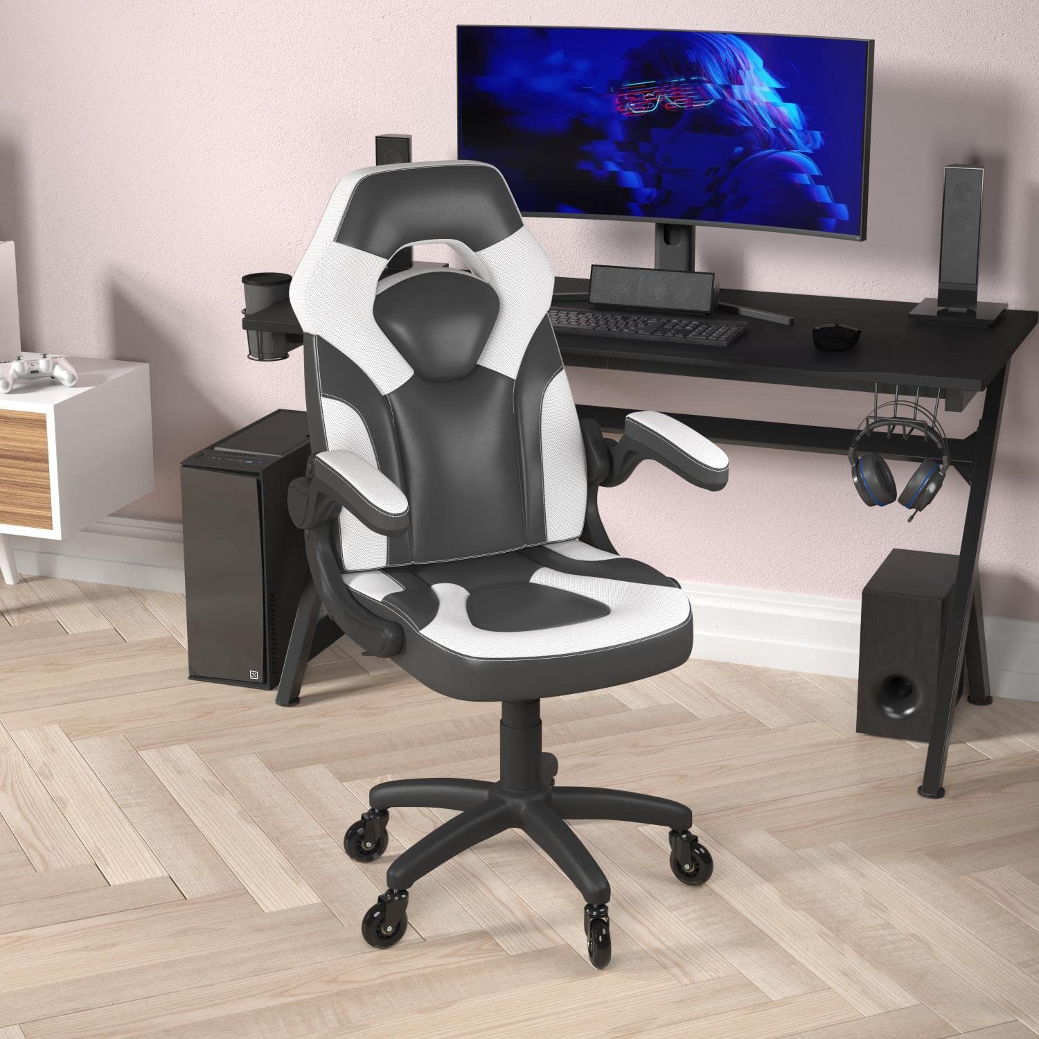 Flash Furniture X10 Gaming Chair Racing Office Computer Pc Adjustable Chair With Flip-Up Arms And Transparent Roller Wheels, White/Black Leathersoft
