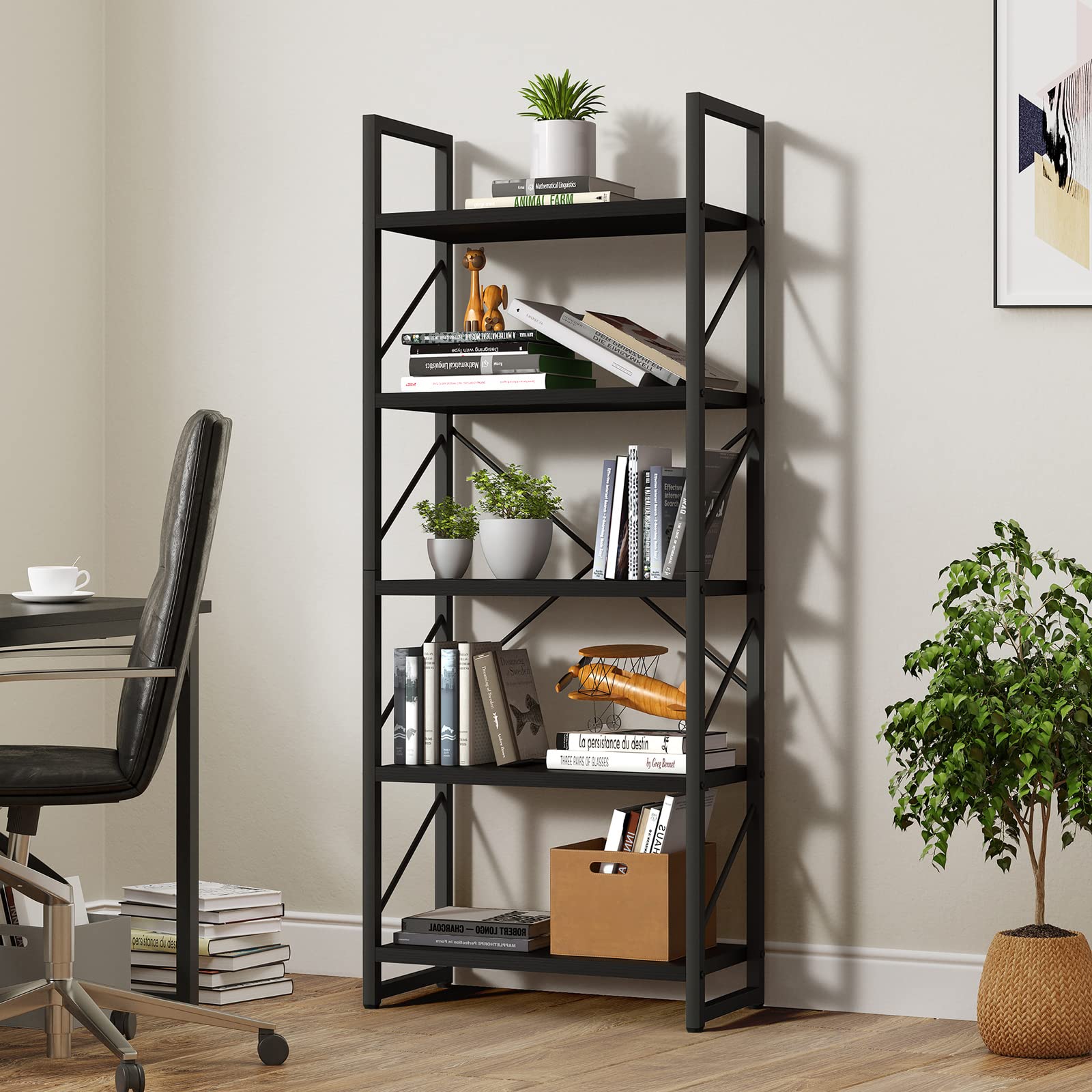 Yitahome 5 Tiers Bookshelf, Industrial Artsy Grey Bookcase Bookshelves, Book Rack, Storage Rack Shelves Books Holder Organizer For Books Movies In Living Room Home Office, Charcoal Gray + Black