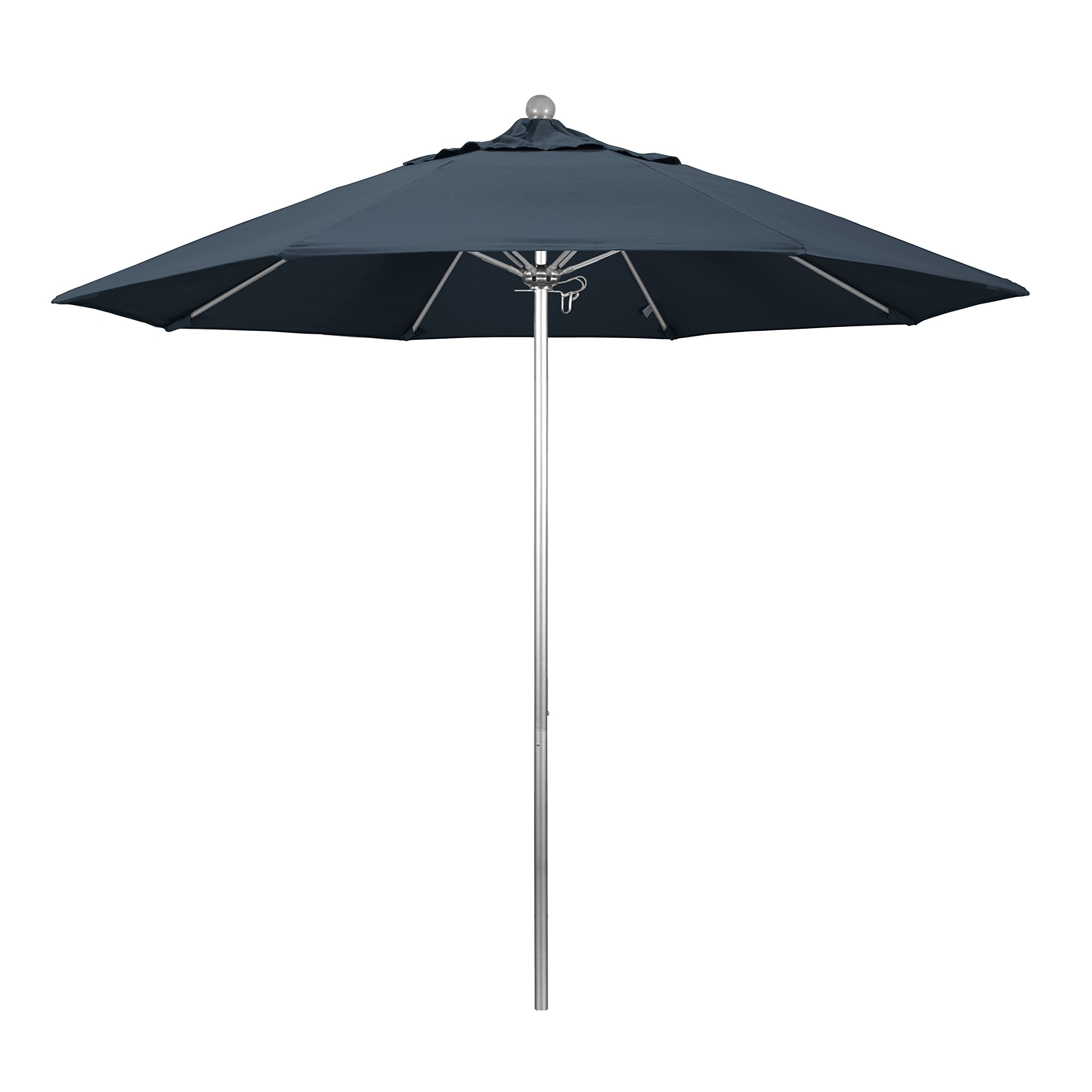 California Umbrella 9' Round Aluminum/Fiberglass Umbrella, Push Open, Silver Pole, Pacifica Sapphire Fabric