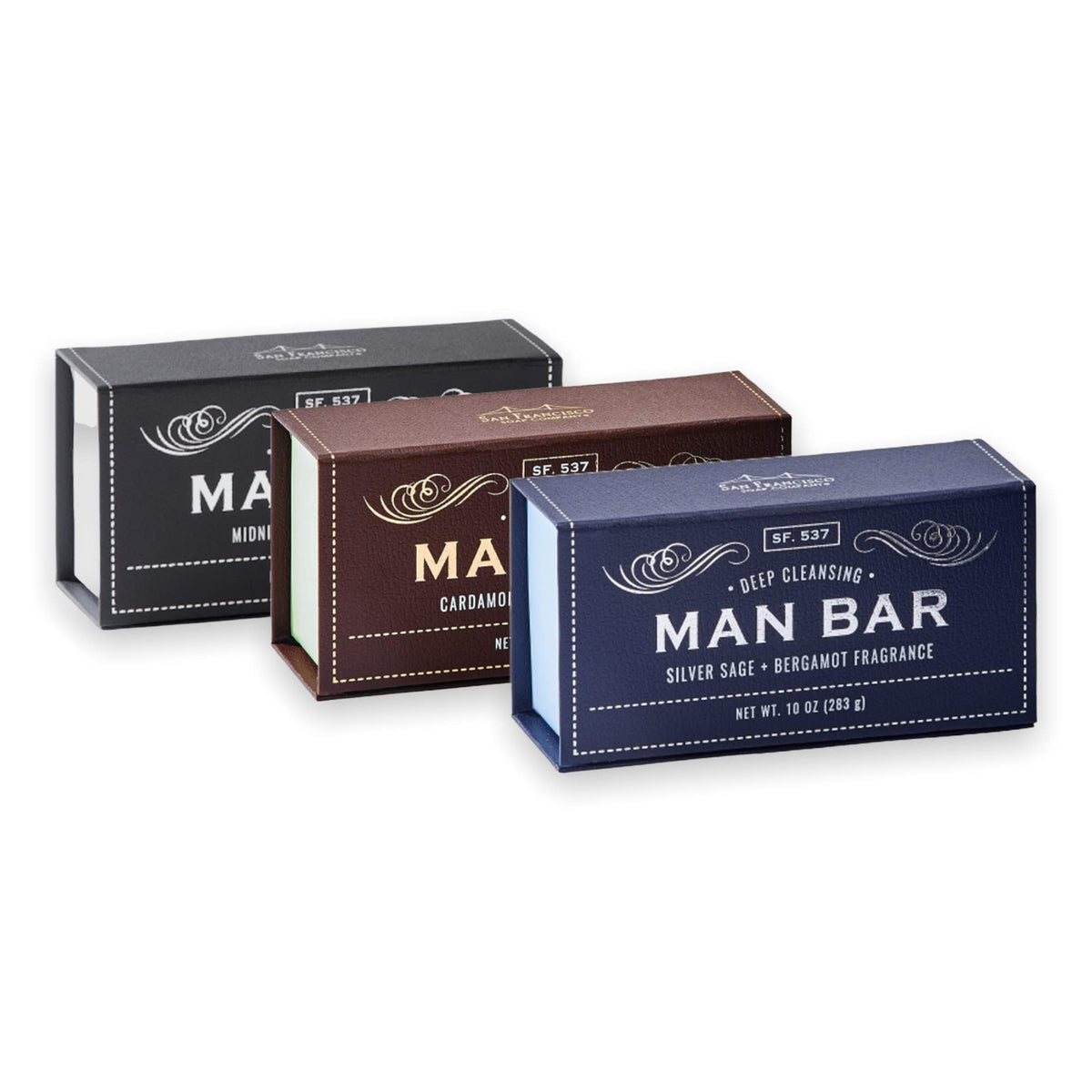 SFS Company Man Bar Set of 3 10 oz. Soap Bars (Cardamom+Juniper, Midnight Amber, Silver Sage+Bergamot)