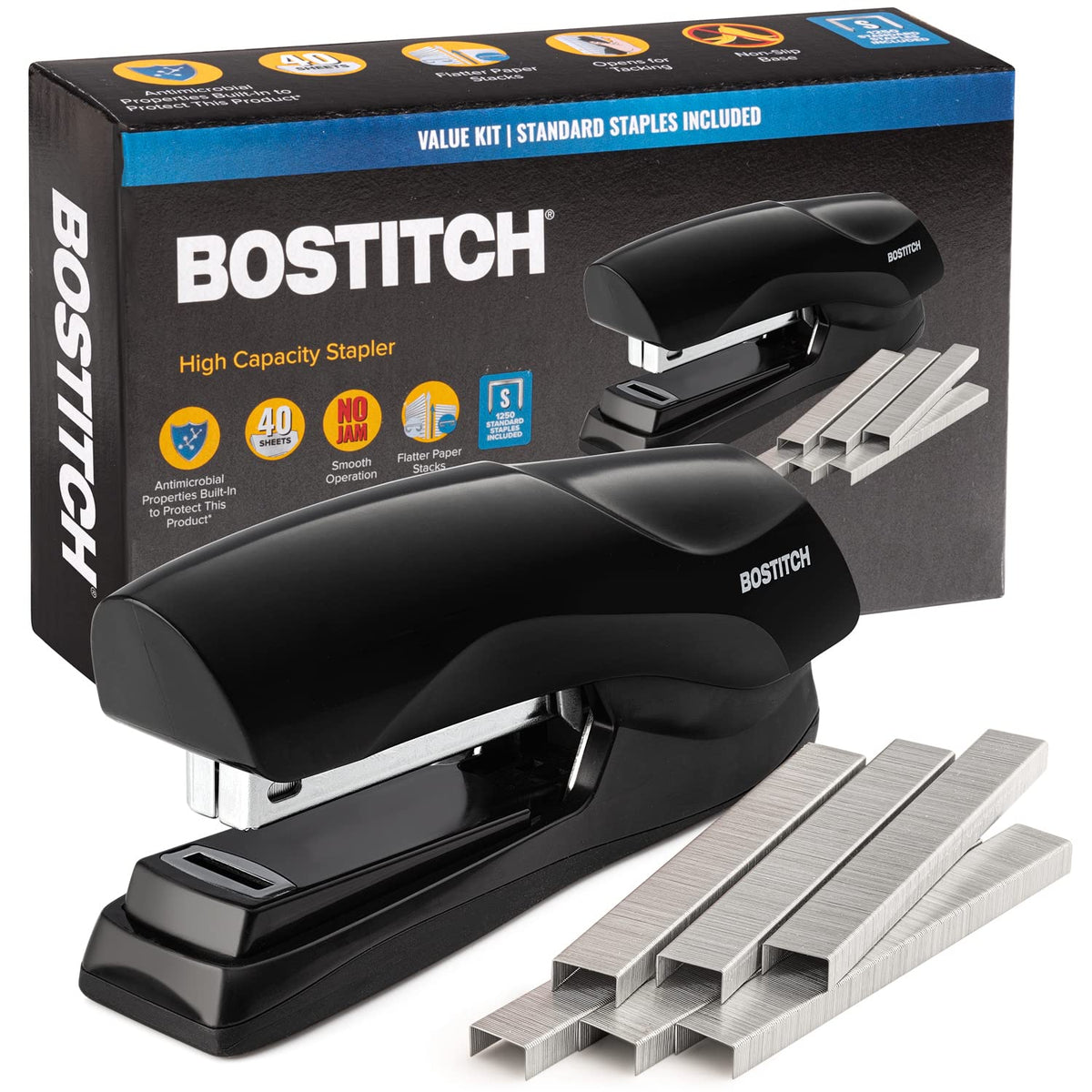 Bostitch Office Stapler Heavy Duty - 40 Sheet Stapler For Desk -Full-Strip - Includes 1260 Staples - Black