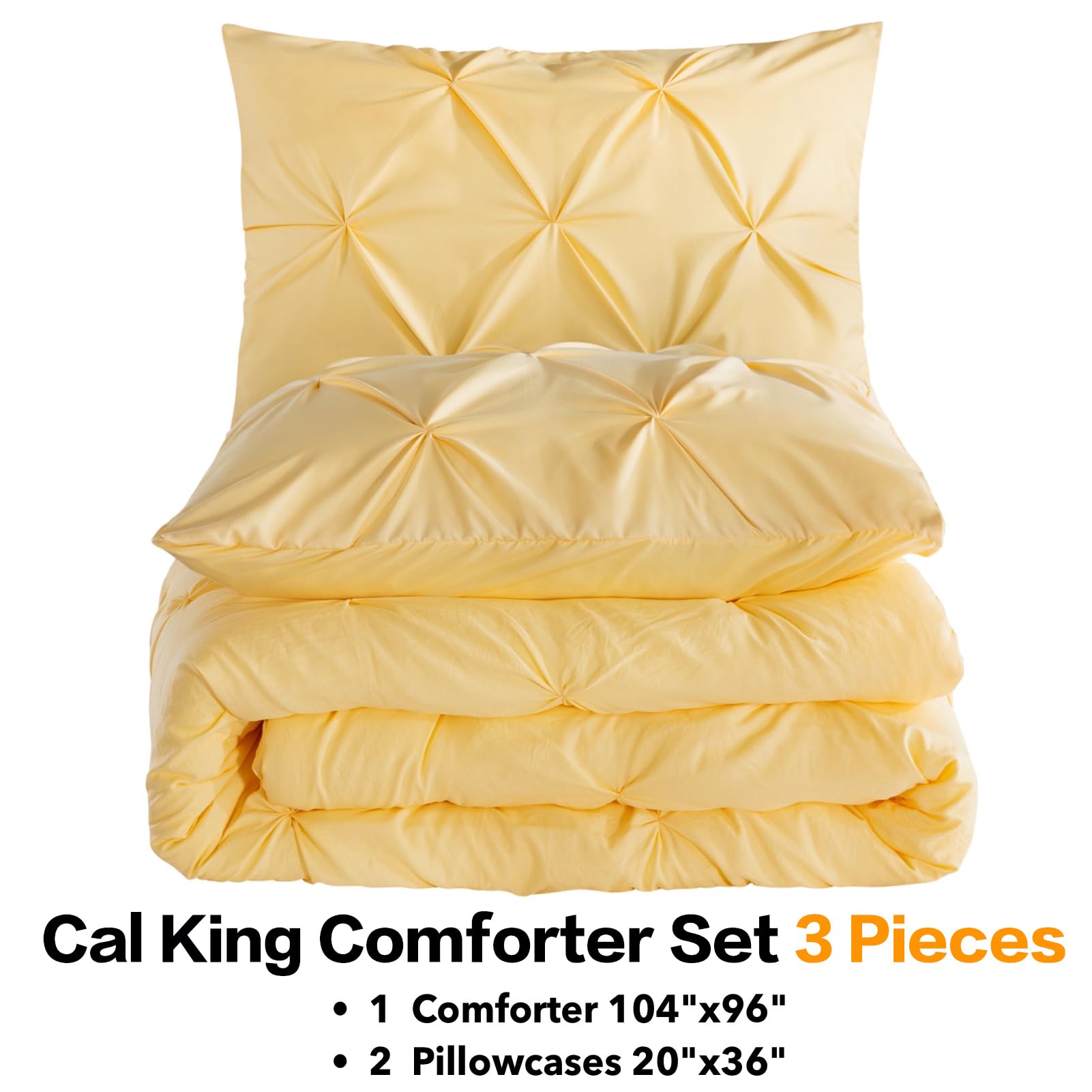 Andency California King Comforter Set Yellow (104X96Inch), Pinch Pleat Cal King Comforter Set 3 Pieces, Oversized King Pintuck Bed Comforter, Microfiber Down Alternative Comforter Bedding Set