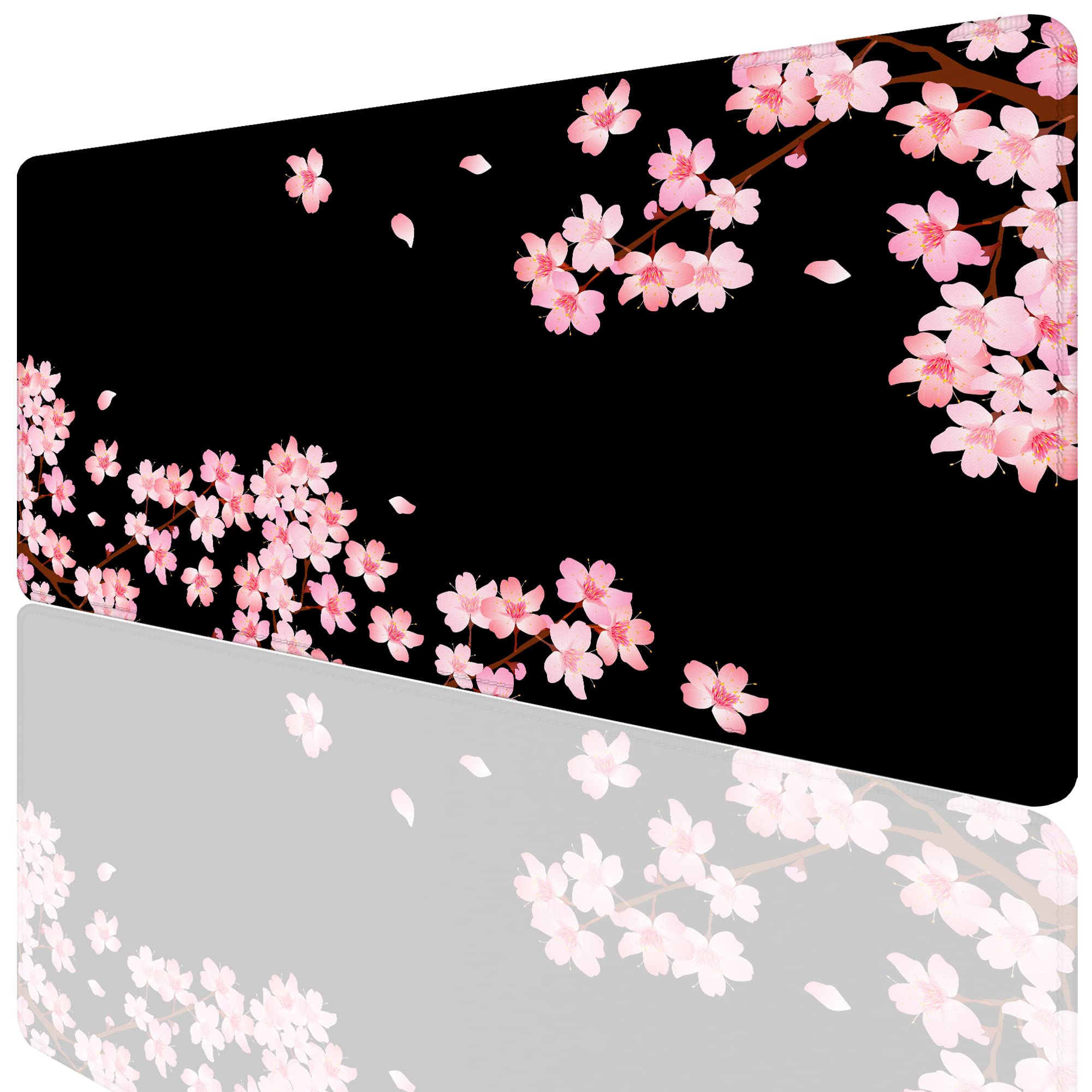 Smoaffly Desk Pad,Cherry Blossom Desk Mat Extended Large For Office Work & Game,Non-Slip Rubber Base And Stitched Edges,Suitable