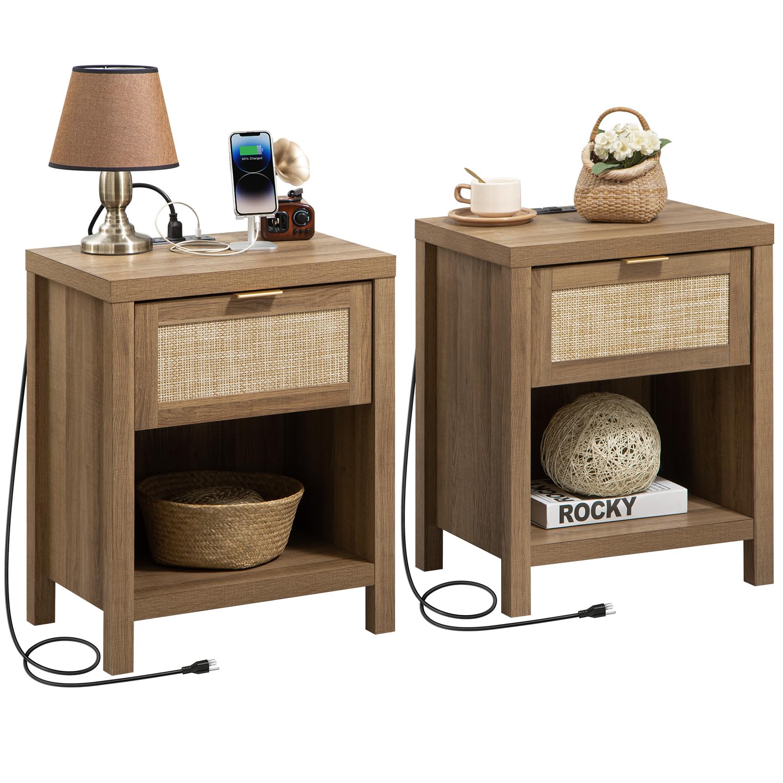 SICOTAS Rattan Nightstand Set of 2, Farmhouse Night Stands with Charging Station Bedside Table with Drawer, Boho End Table with 
