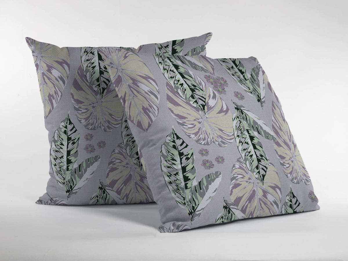 HomeRoots Purple On Muted Gray 20â€ Blue Purple Tropical Leaf Suede Throw Pillow