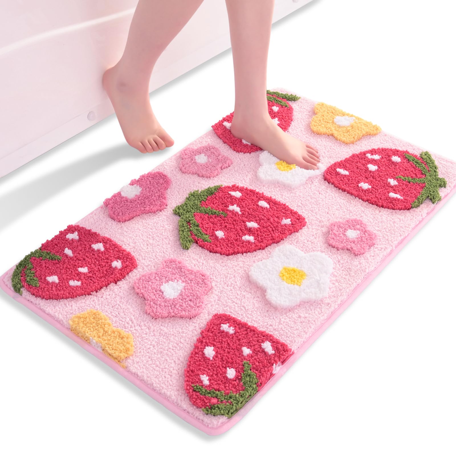 Anybar Pink Bathroom Rugs Cute Strawberry Flower Bath Mat Bathroom Accessories, Funny Colorful Non Slip Floor Bath Rug Machine W
