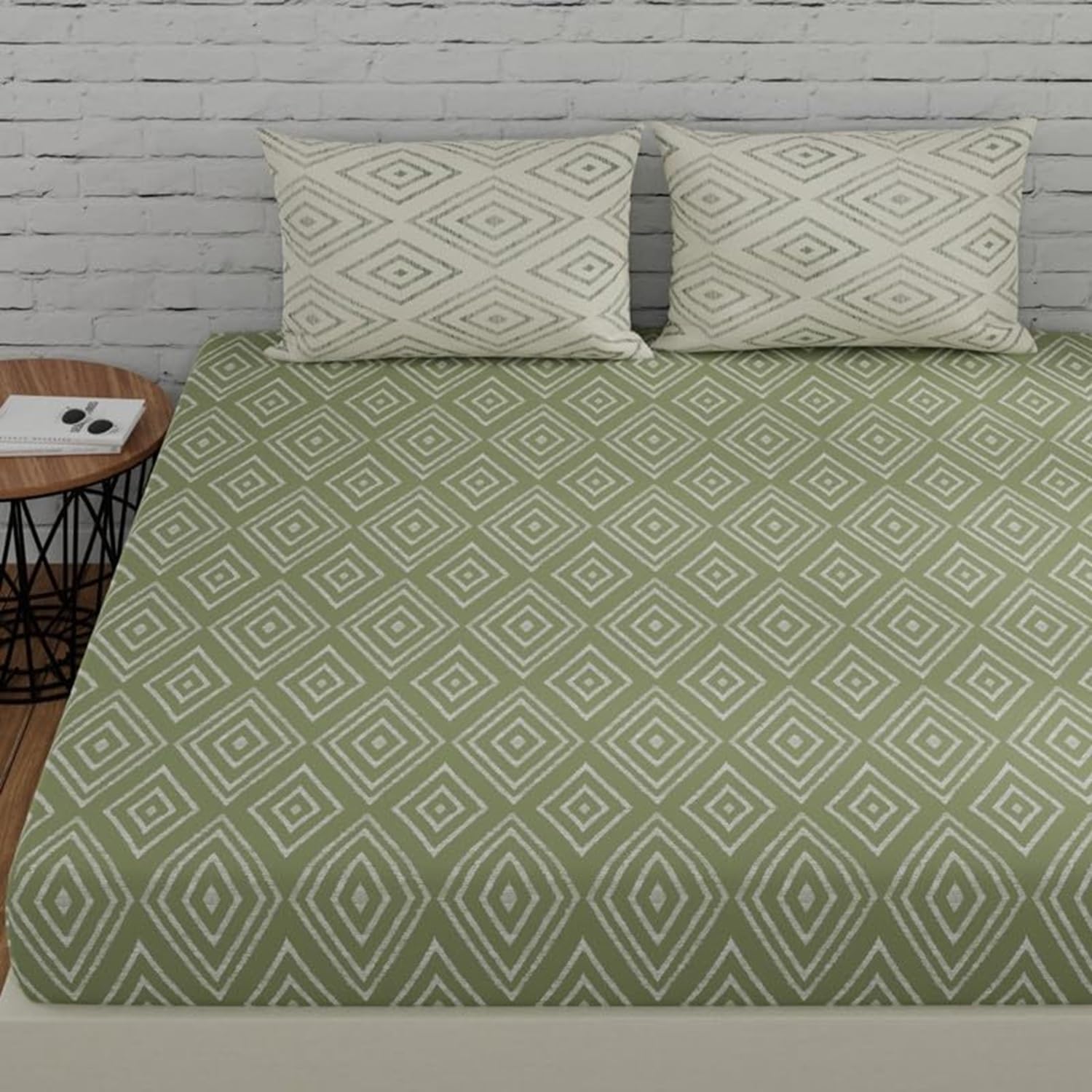Huesland By Ahmedabad Cotton 144 Tc Elastic Fitted Cotton Bedsheets For Double Bed With 2 Pillow Covers | 60X78 Inches | Sage Gr