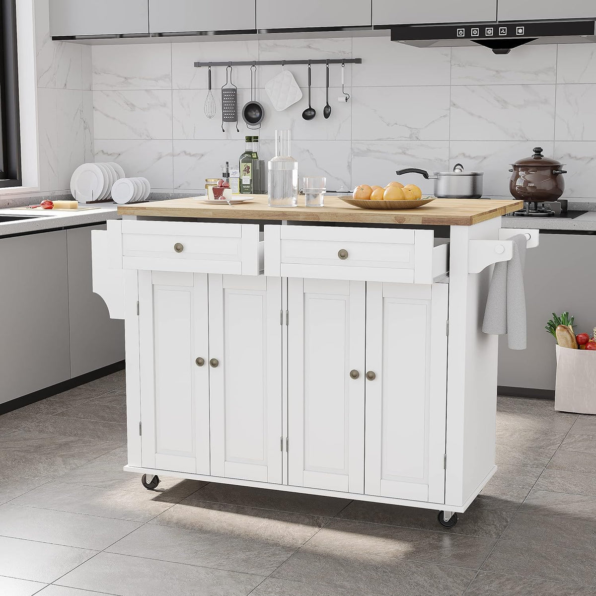 Squireewo Kitchen Cart With Wood Top And Drop Leaf Breakfast Bar, Rolling Mobile Kitchen Island Table On Wheels With Drawer And