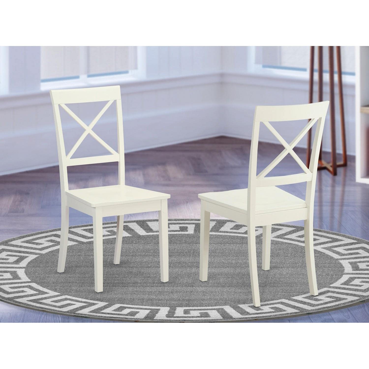East West Furniture BOC-WHI-W Boston Dining Room Chairs - Cross Back Solid Wood Seat Chairs, Set of 2, Linen White