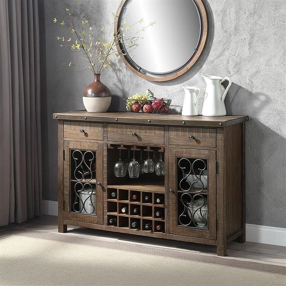 Acme Raphaela Wooden Server with Cup Holder and Wine Rack in Weathered Cherry