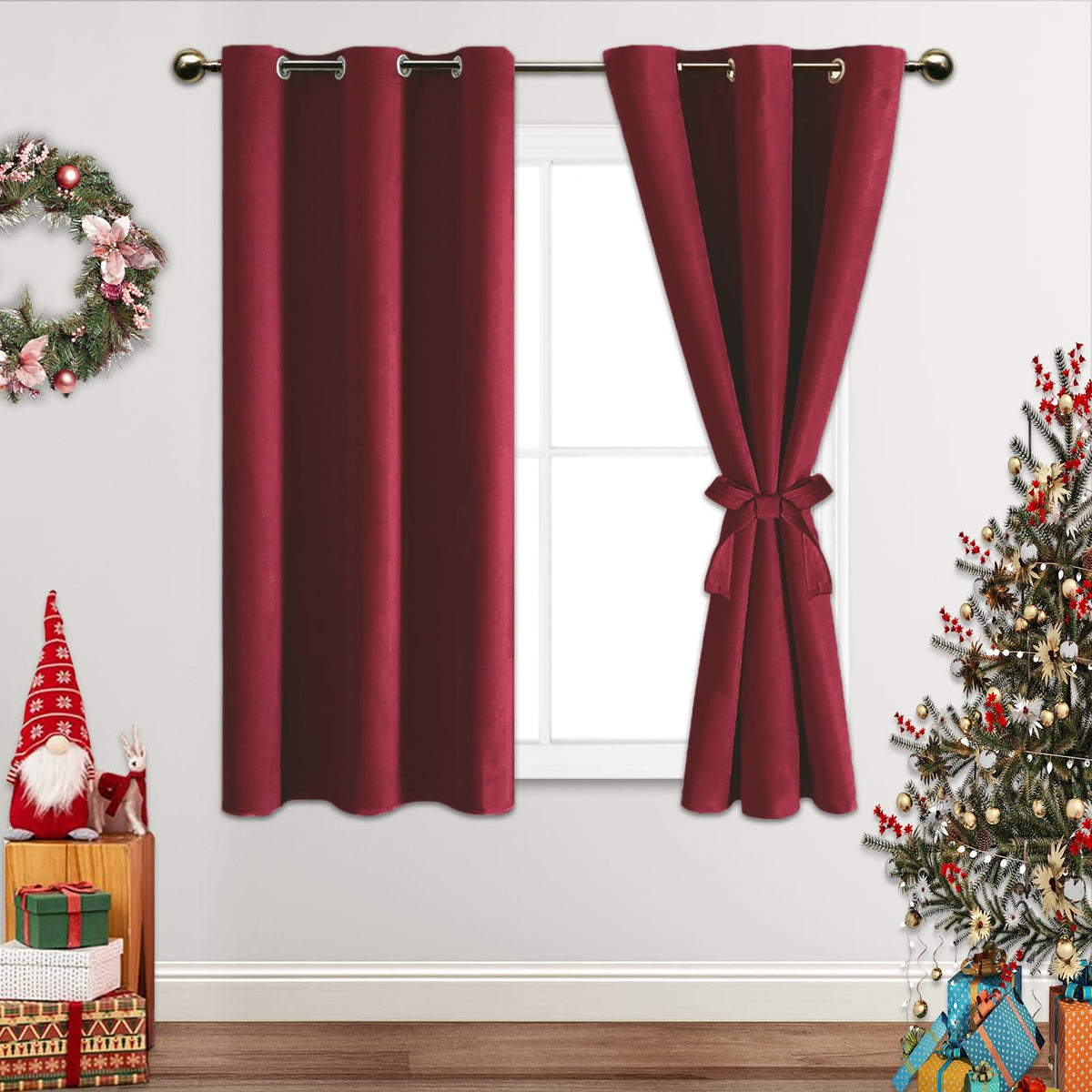 Jiuzhen Christmas Curtains Red Blackout Curtains With Tiebacks-Thermal Insulated, Light Blocking And Noise Reducing Grommet Curt