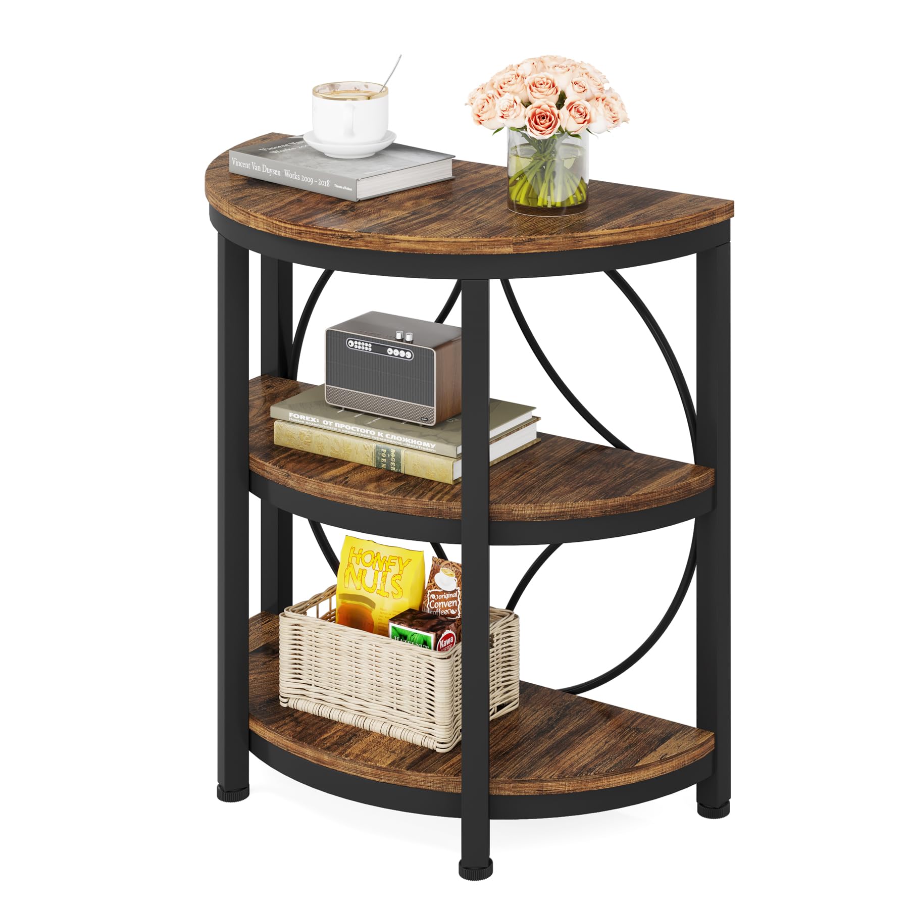 LITTLE TREE Half Round End Table, 3-Tier Narrow Side Table with Metal Frame, Half Circle Table, Half Moon Small Coffee Accent Ta