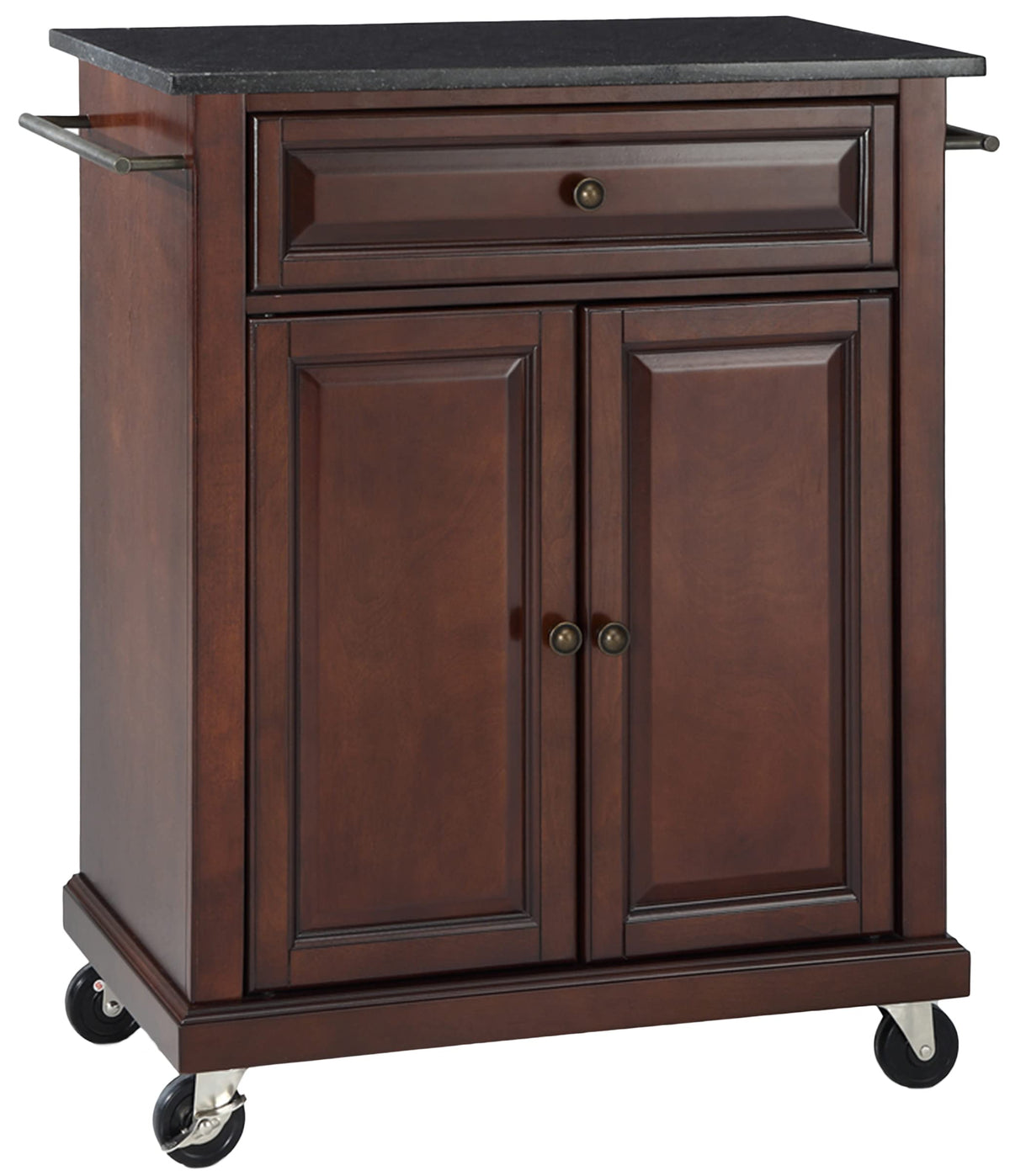 Crosley Furniture Compact Granite Top Small Rolling Cart With Shelves, Microwave Stand With Towel Rack, Mahogany