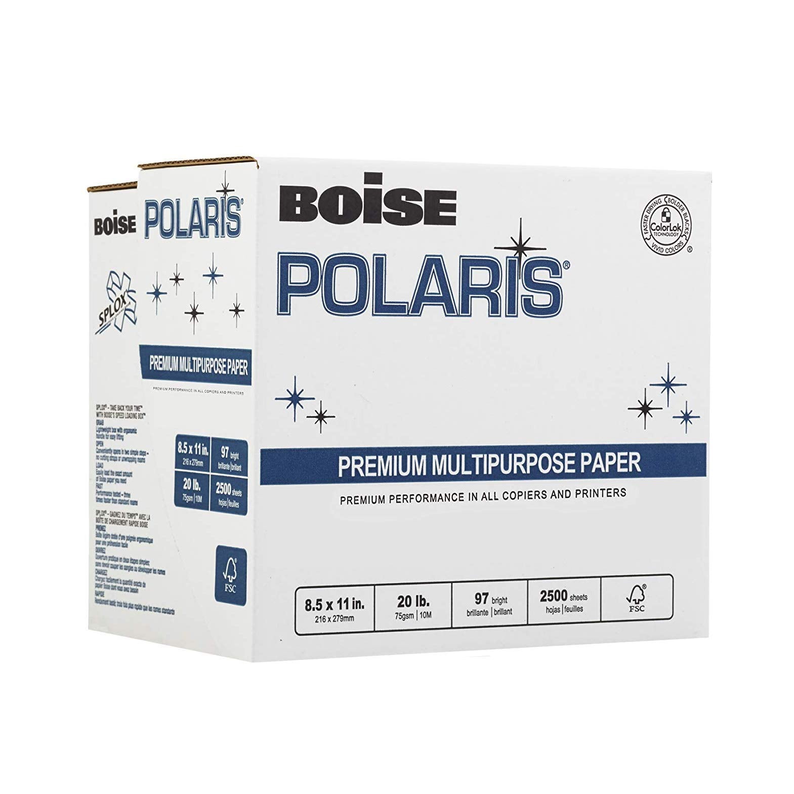 Boise Polaris Premium Multipurpose Copy Paper | 8.5' X 11' Letter | Splox (Easy Carry Box) | 97 Bright White, 20 Lb. | Reamles
