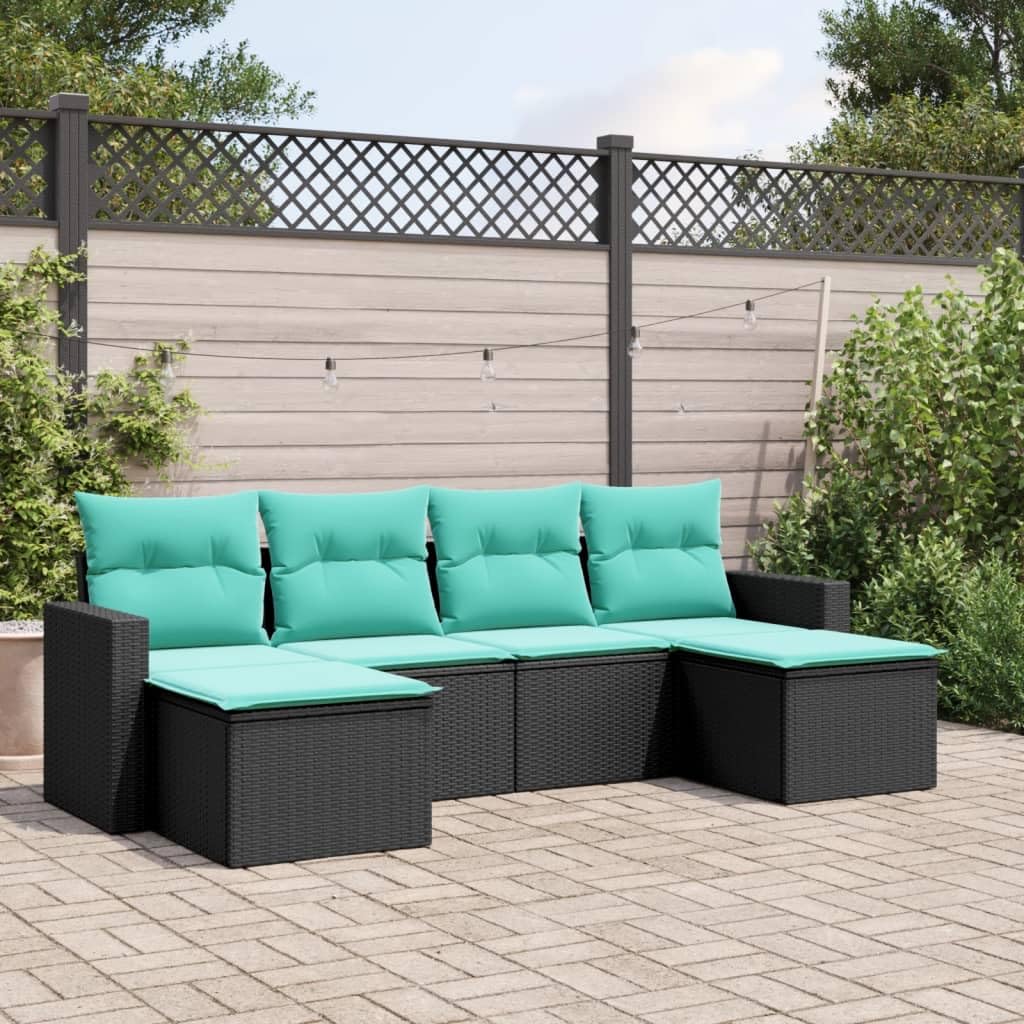 vidaXL Patio Sofa Set with Cushions - Black/Blue, 6-Piece Outdoor Poly Rattan Garden Furniture for Terrace, Deck, Backyard, with Storage and Removable Covers