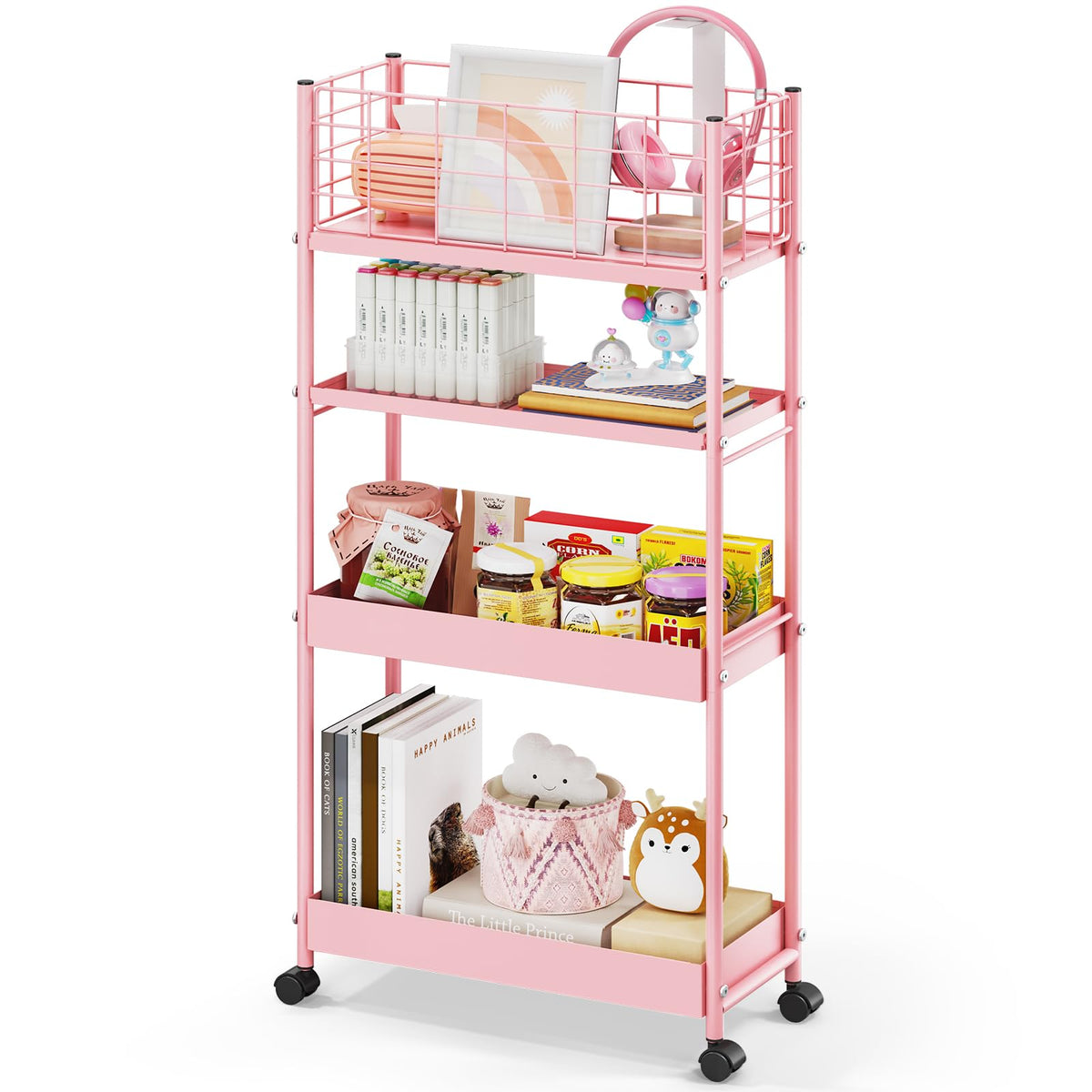 Kingrack Slim Storage Cart,4-Tier Metal Utility Rolling Cart With Wheels,Slide Out Storage Cart, Skinny Storage Rolling Cart,Storage Trolley Cart For Office Bedroom Bathroom Narrow Place,Pink