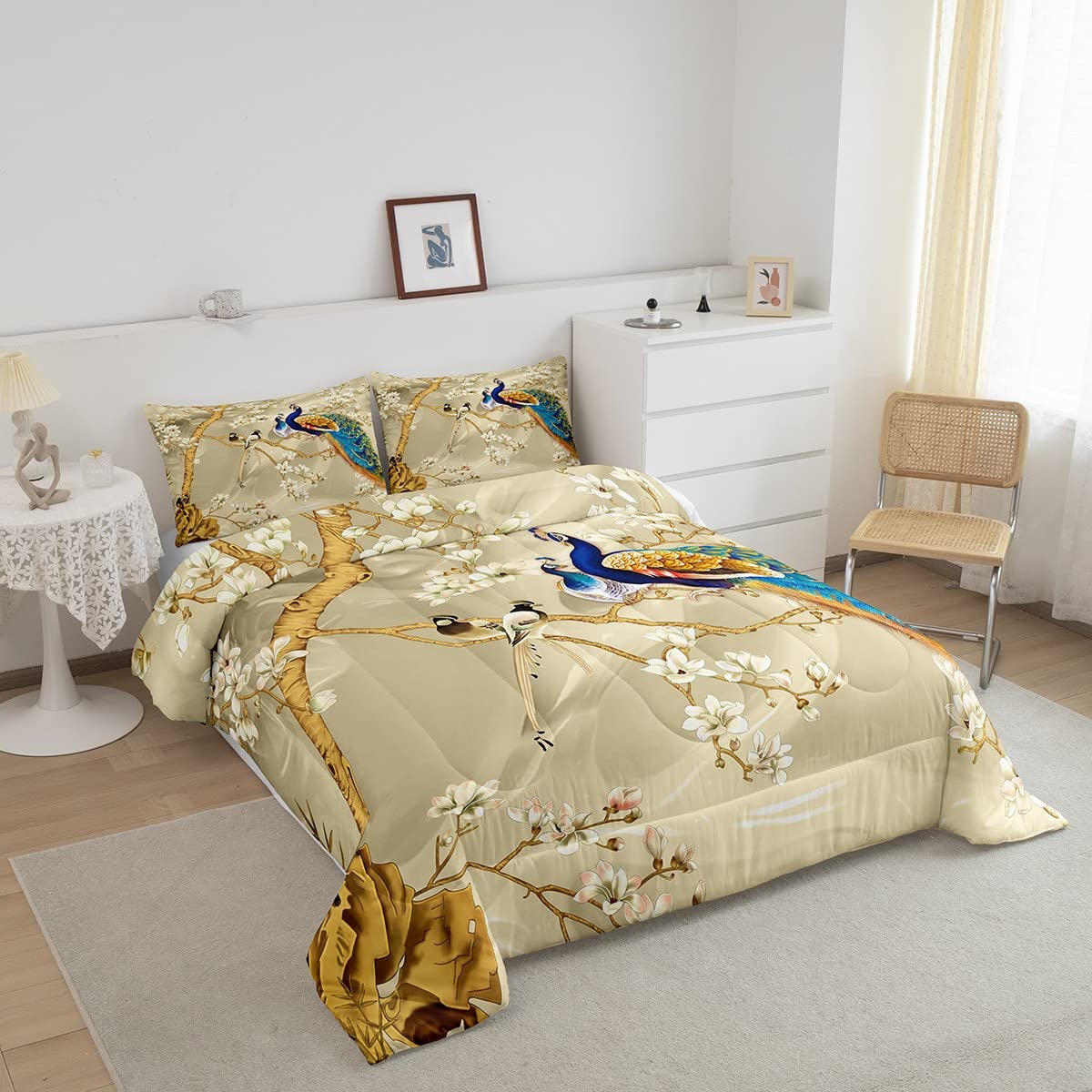 Feelyou Peacock Comforter Peacock With Floral Bedding Set For Kids Adults Girls Animals Comforter Set Botanical Quilt Set 1 Comf