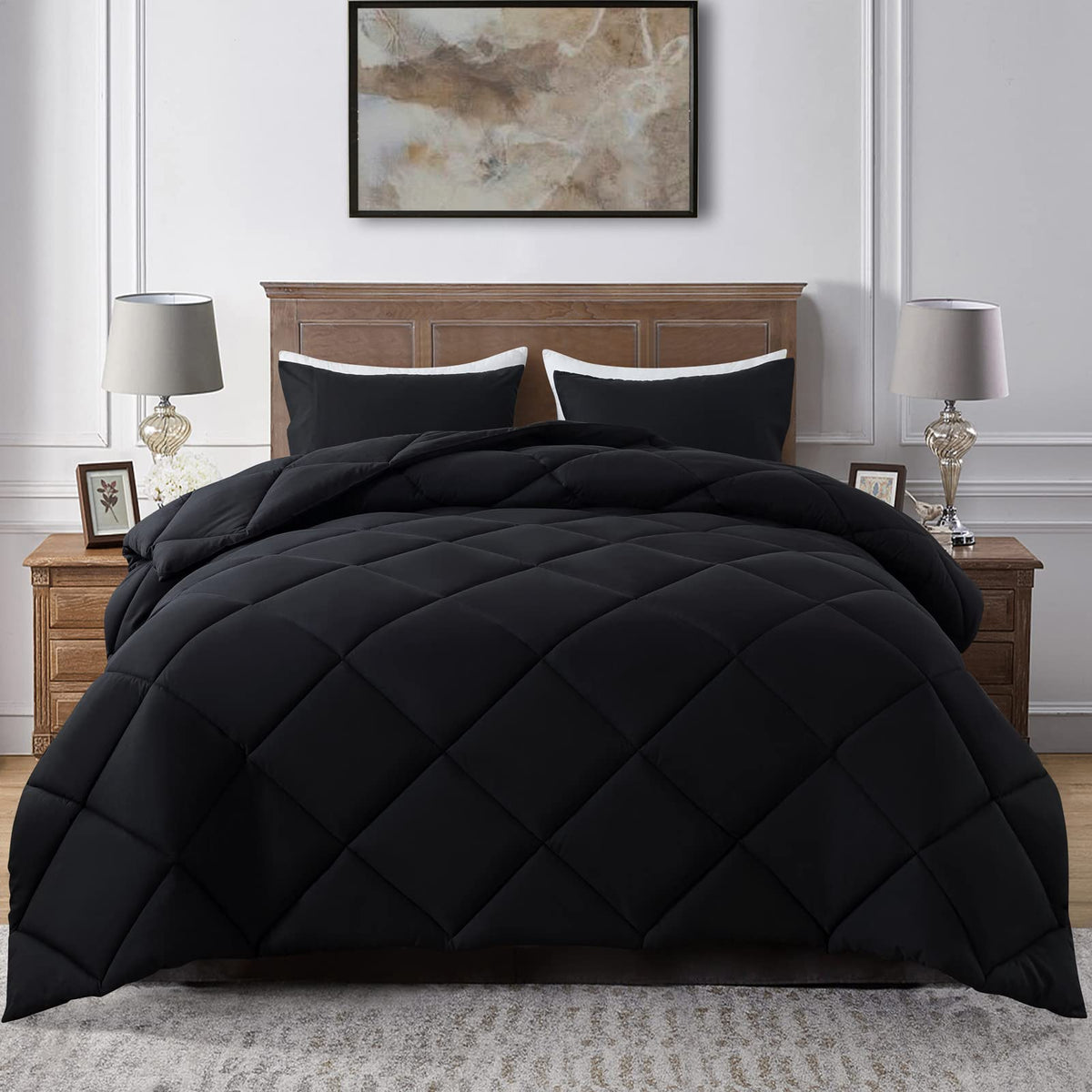 Elnido Queen Black Full Comforter Set With 2 Pillow Shams - 3 Pieces Bed Comforter Set - Quilted Down Alternative Comforter Set