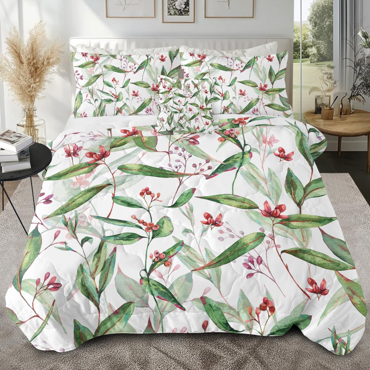 Sleepwish Blooming Eucalyptus Comforter Set, Green Leaves Bedding, Natural Vintage Watercolor Floral Printed On White, Reversibl