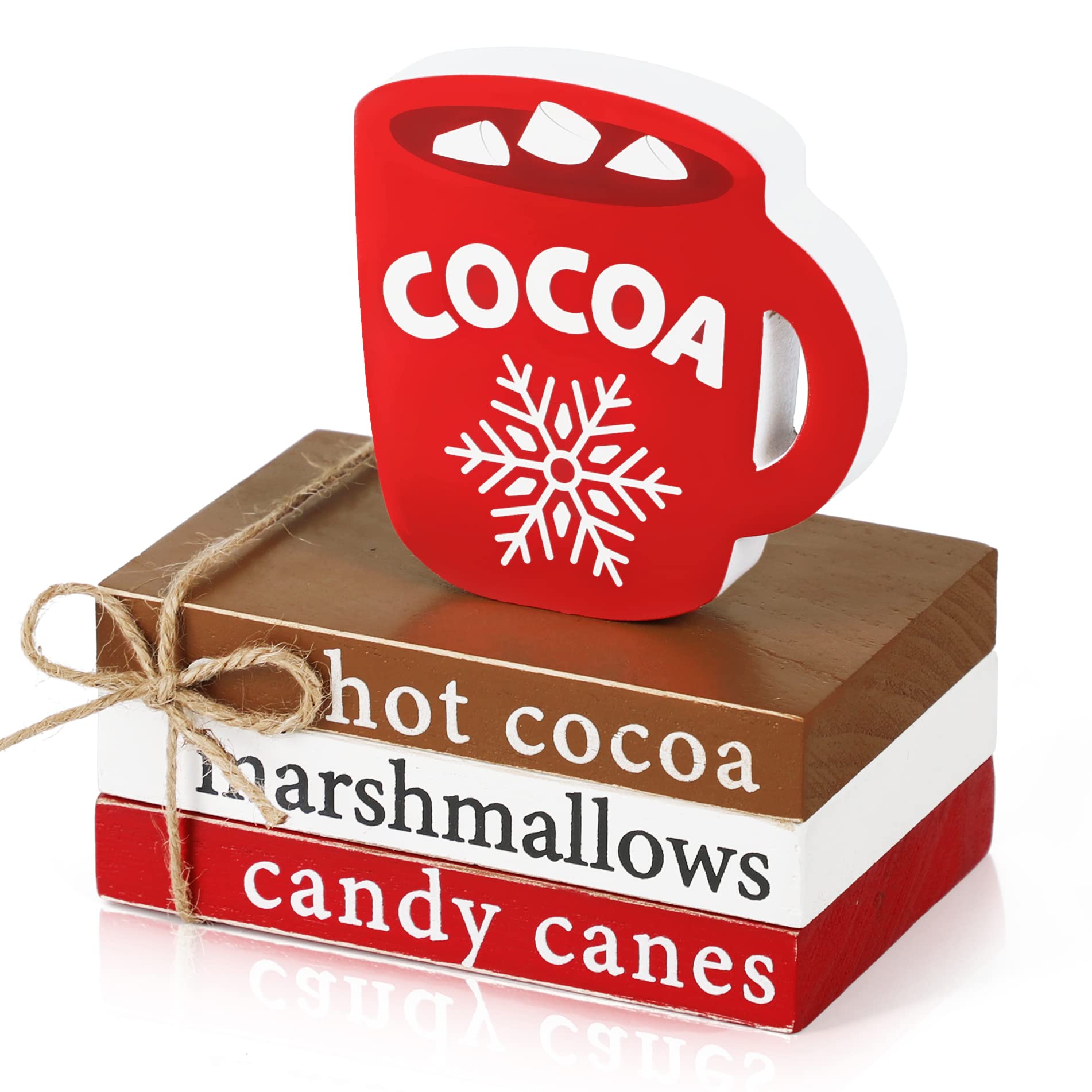 Christmas Wood Decor, Hot Cocoa Decorative Books Stack, Xmas Mini Faux Book Decor for Tiered Tray Coffee Cocoa Bar Table