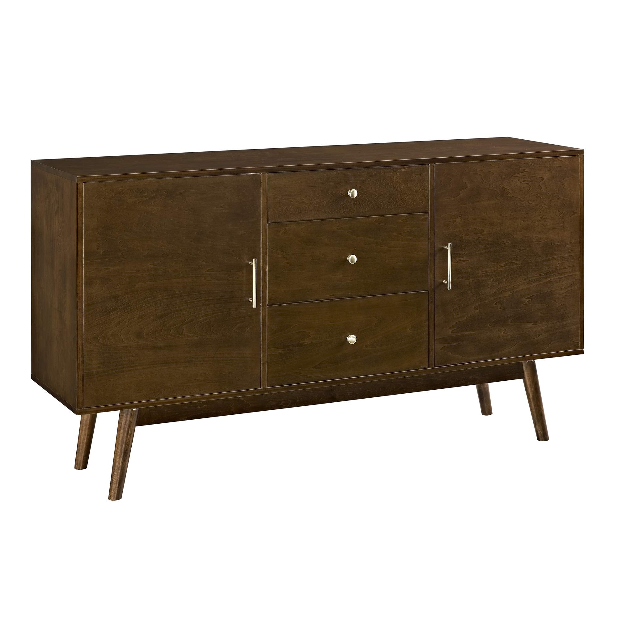 Walker Edison Mid Century Modern-TV Stand Console with 3 Drawers and Closed Cabinet Storage, 60, Walnut
