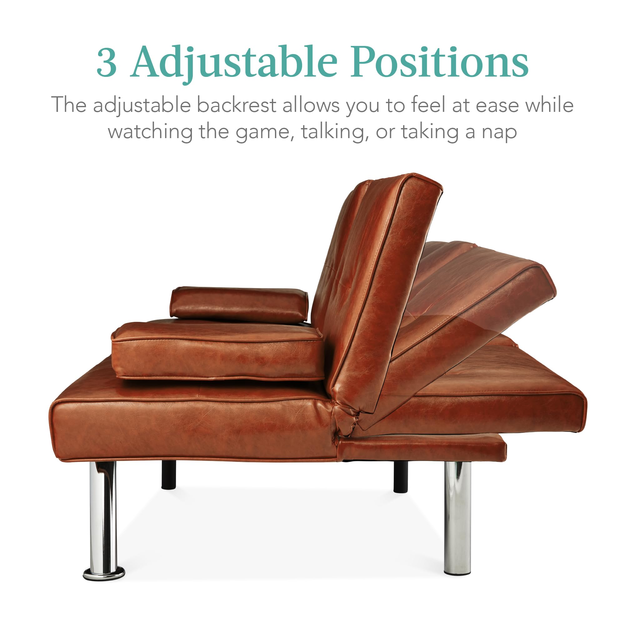 Best Choice Products Faux Leather Upholstered Modern Convertible Futon, Adjustable Folding Sofa Bed, Guest Bed W/Removable Armrests - Medium Brown